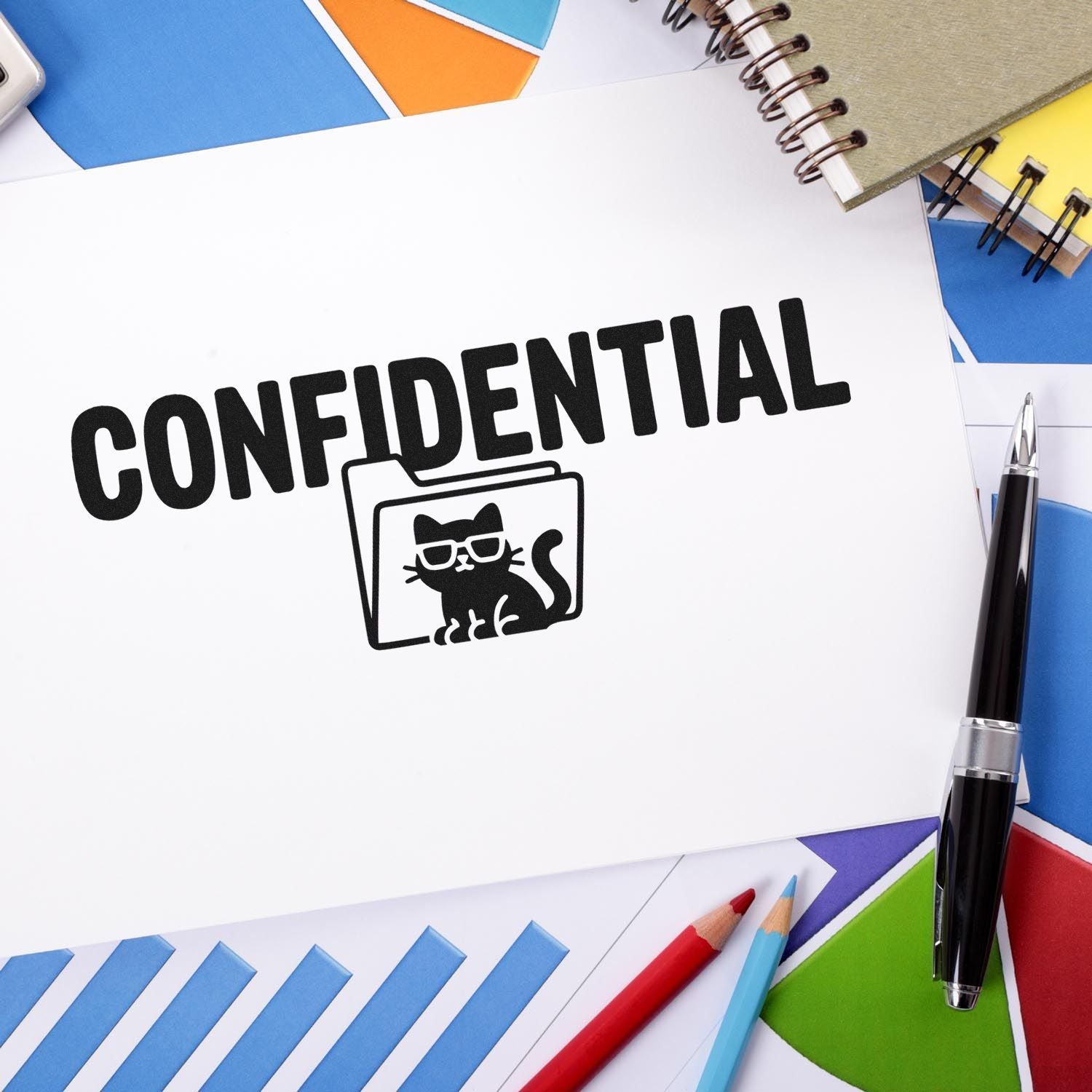 Confidential stamp with cat-in-folder seal on white paper, surrounded by colorful notebooks, pens, and paper swatches.