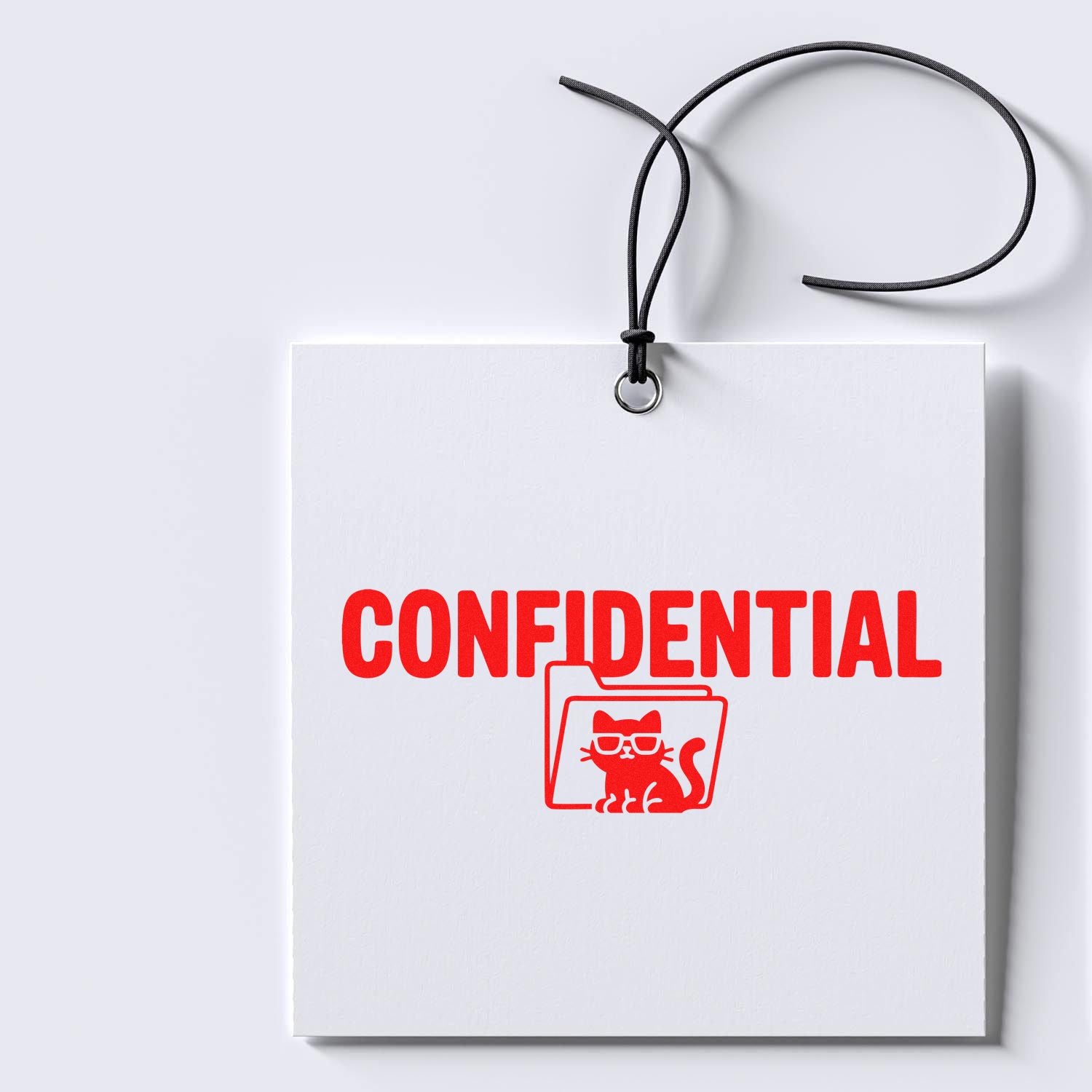 White hanging seal card with black cord, red CONFIDENTIAL stamp and cat logo.