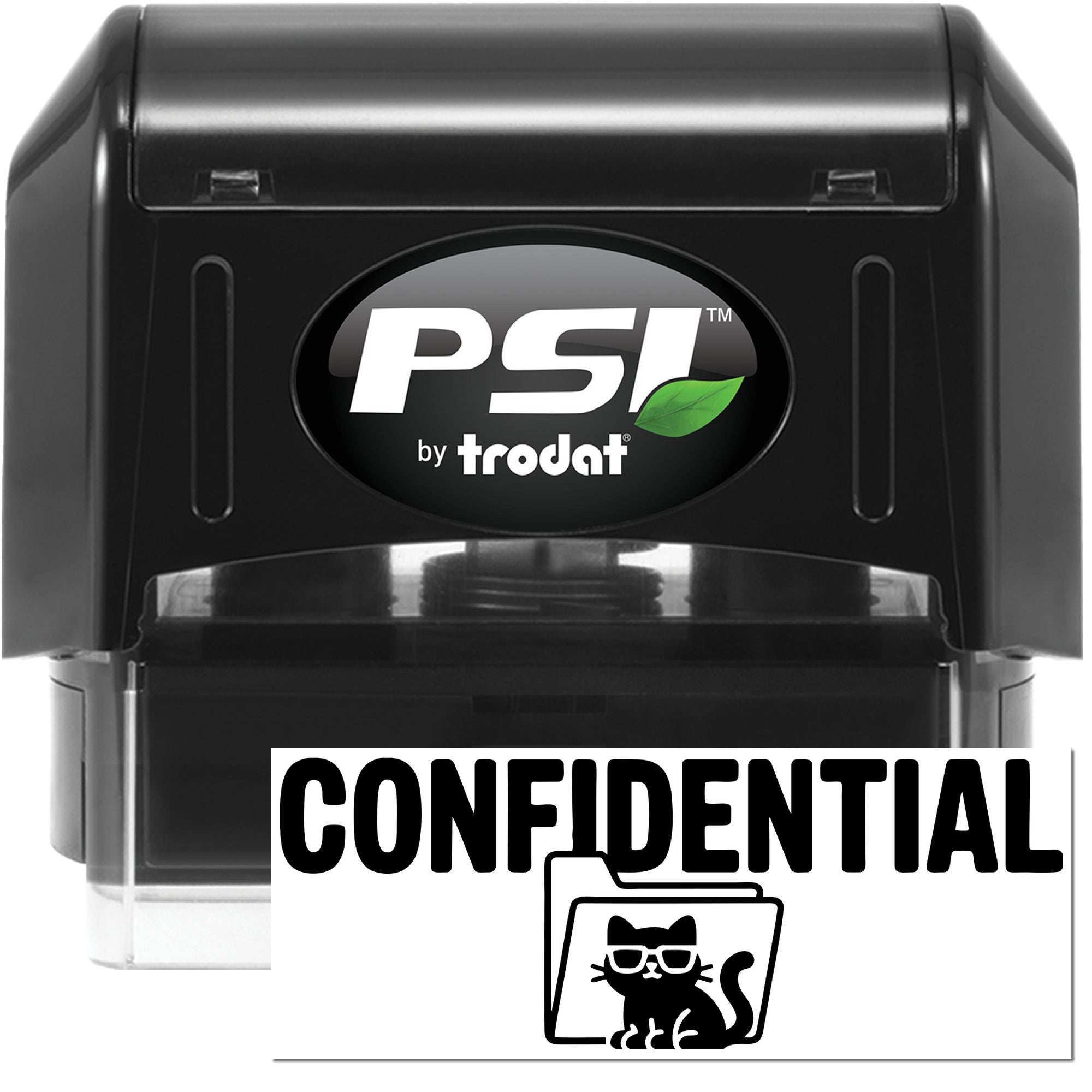 Black PSI by Trodat confidential stamp and seal with white lettering, green leaf logo, and cat icon