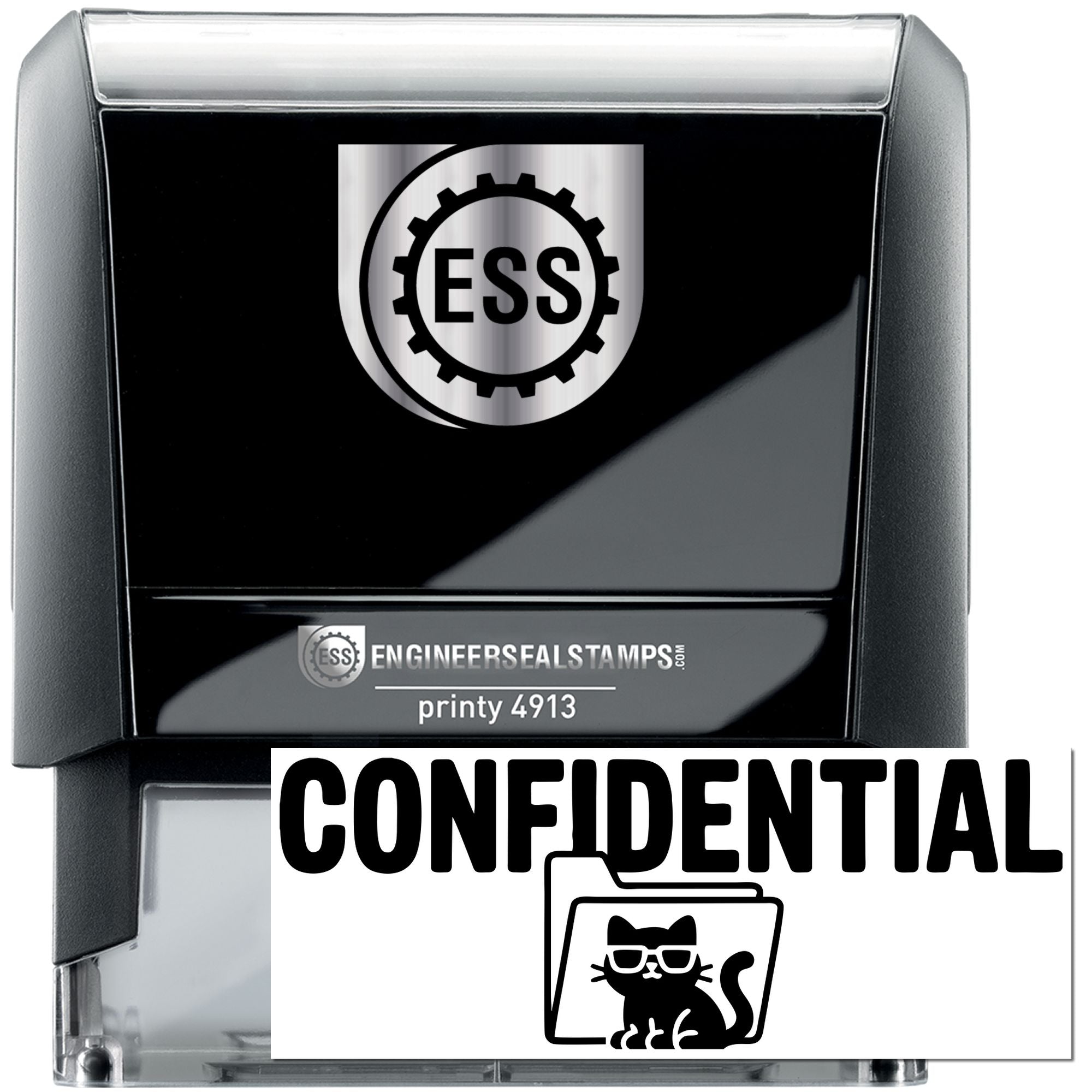 Black self-inking confidential stamp and seal with silver ESS logo, clear casing, and bold CONFIDENTIAL text