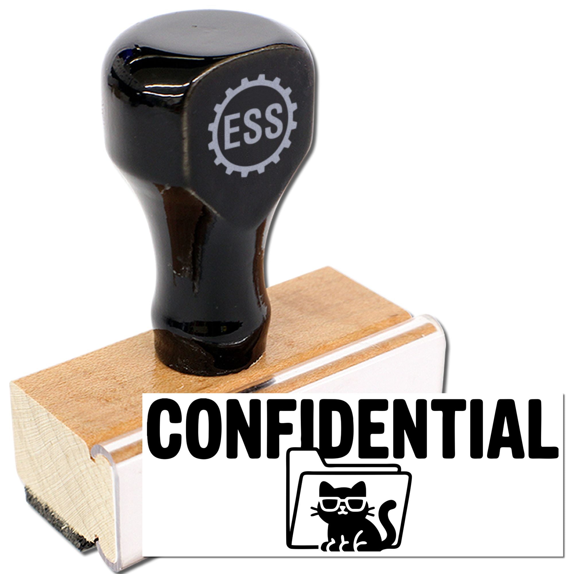 Black ESS confidentiality stamp and seal with wooden handle and cat logo on white background.