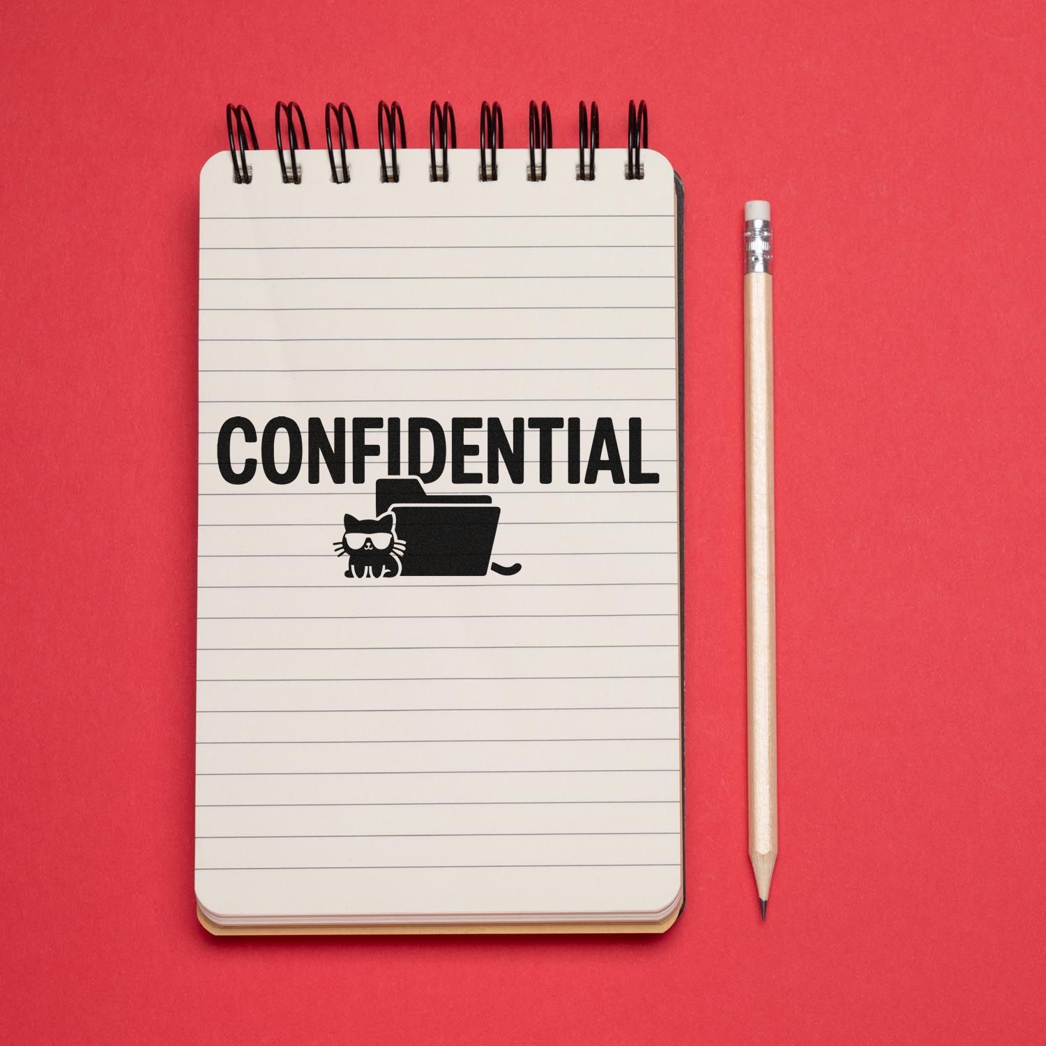 Confidential stamp and seal on lined notepad, with black cat-and-folder icon and pencil on red background.