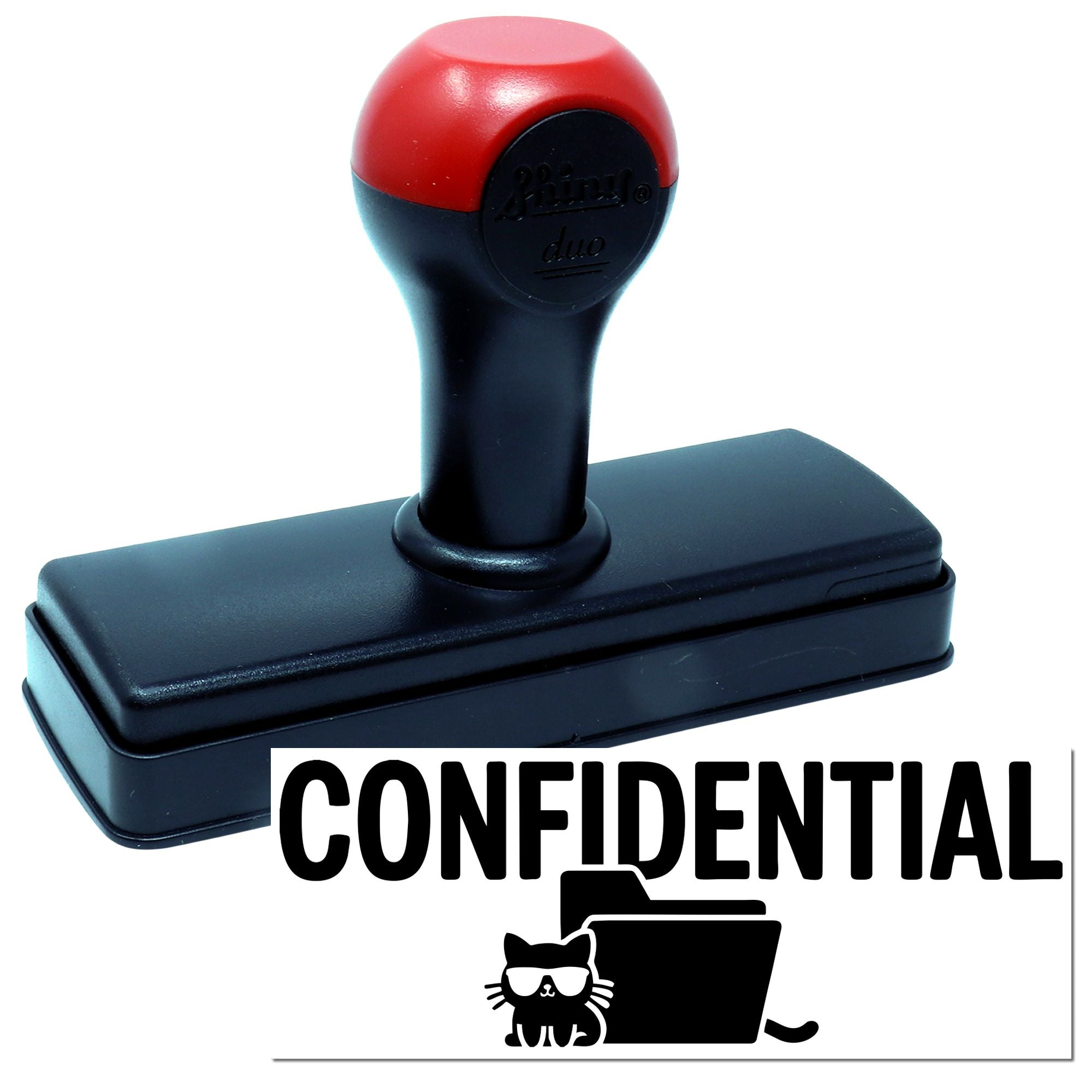 Red and black self-inking confidential stamp seal with folder icon and cat logo