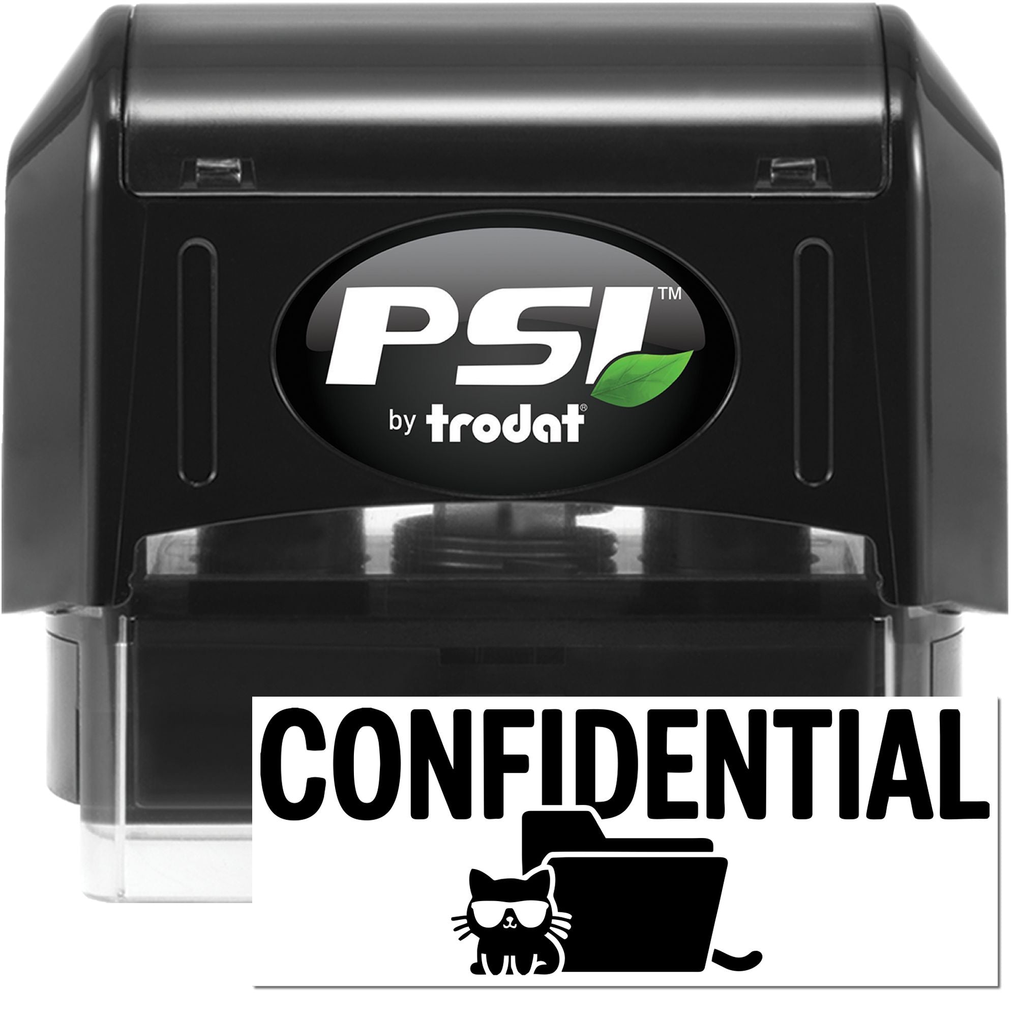 Black PSI by Trodat confidential self-inking stamp and seal with green leaf logo, for secure document marking.