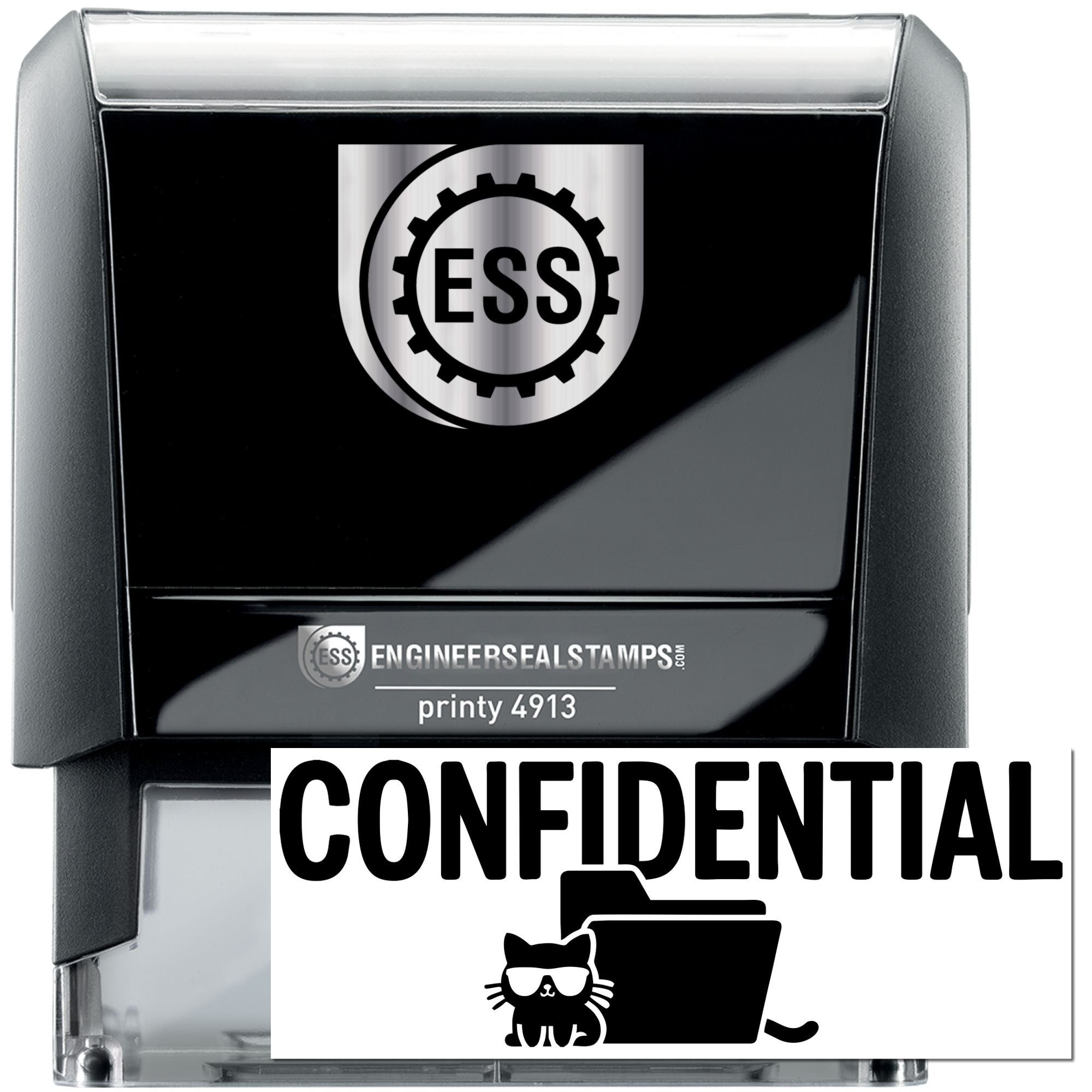 Black and silver self-inking stamp and confidential seal with ESS logo, bold lettering, and folder icon.