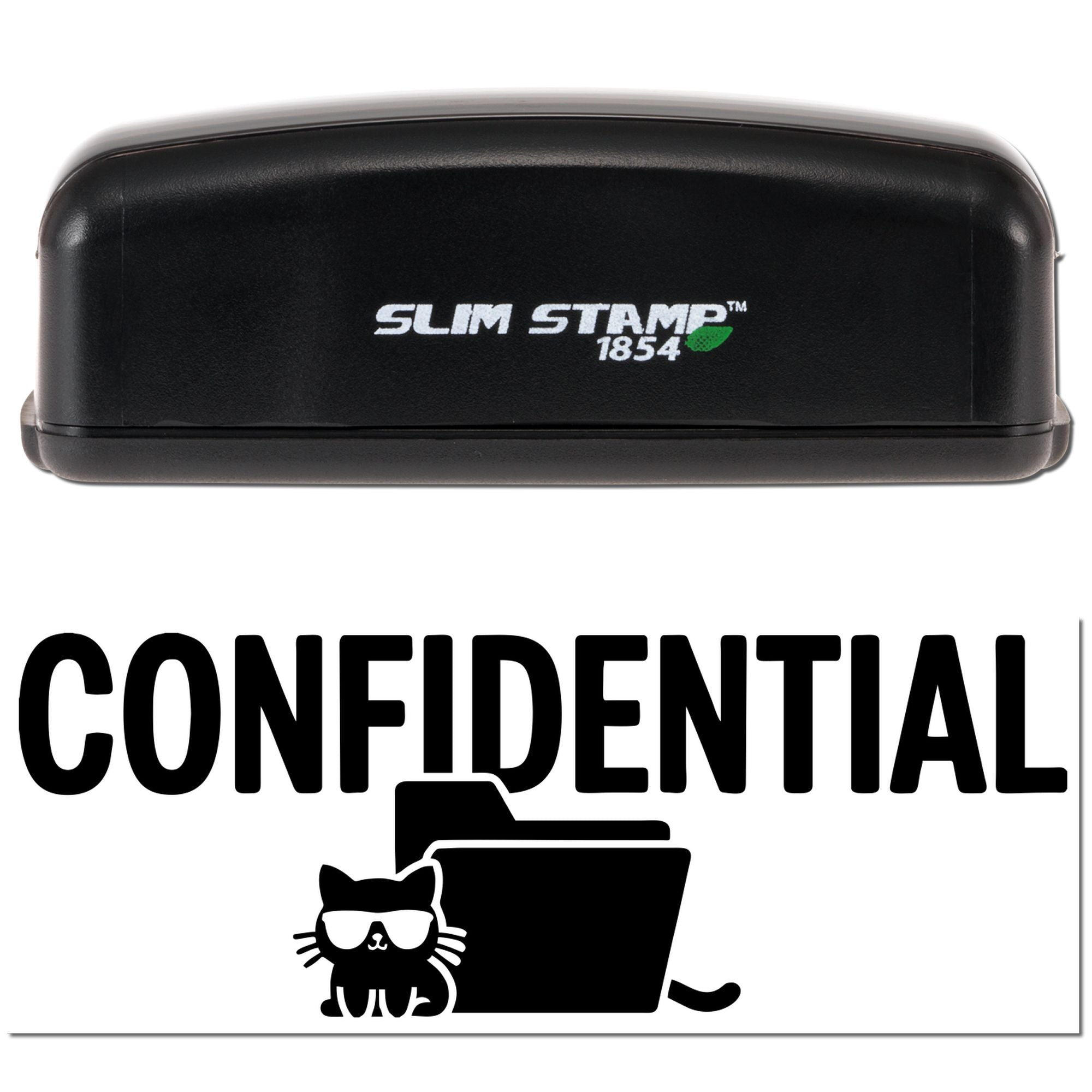 Black Slim Stamp 1854 confidential self-inking seal with cat and folder icon on white background