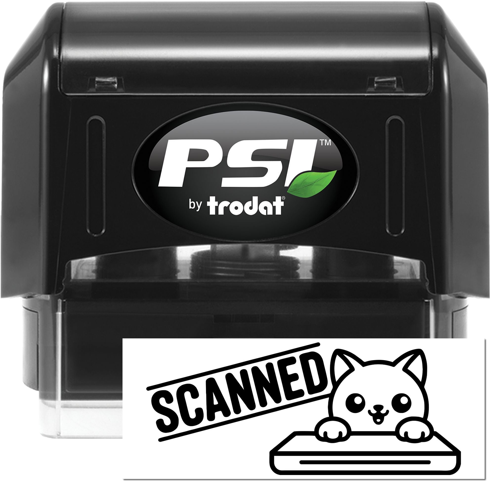 Black PSI by Trodat self-inking stamp and scanned cat seal graphic, with green leaf logo on white background