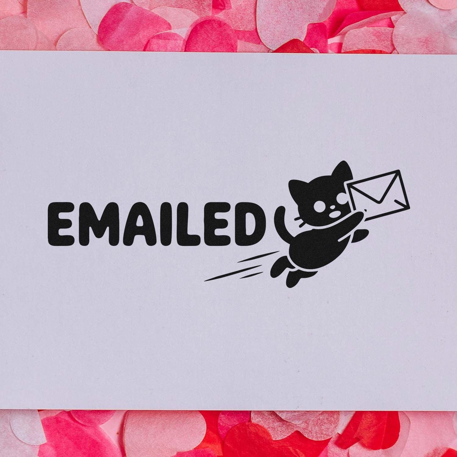 Black EMAILED stamp and seal with cat carrying envelope on white background, framed by pink confetti.