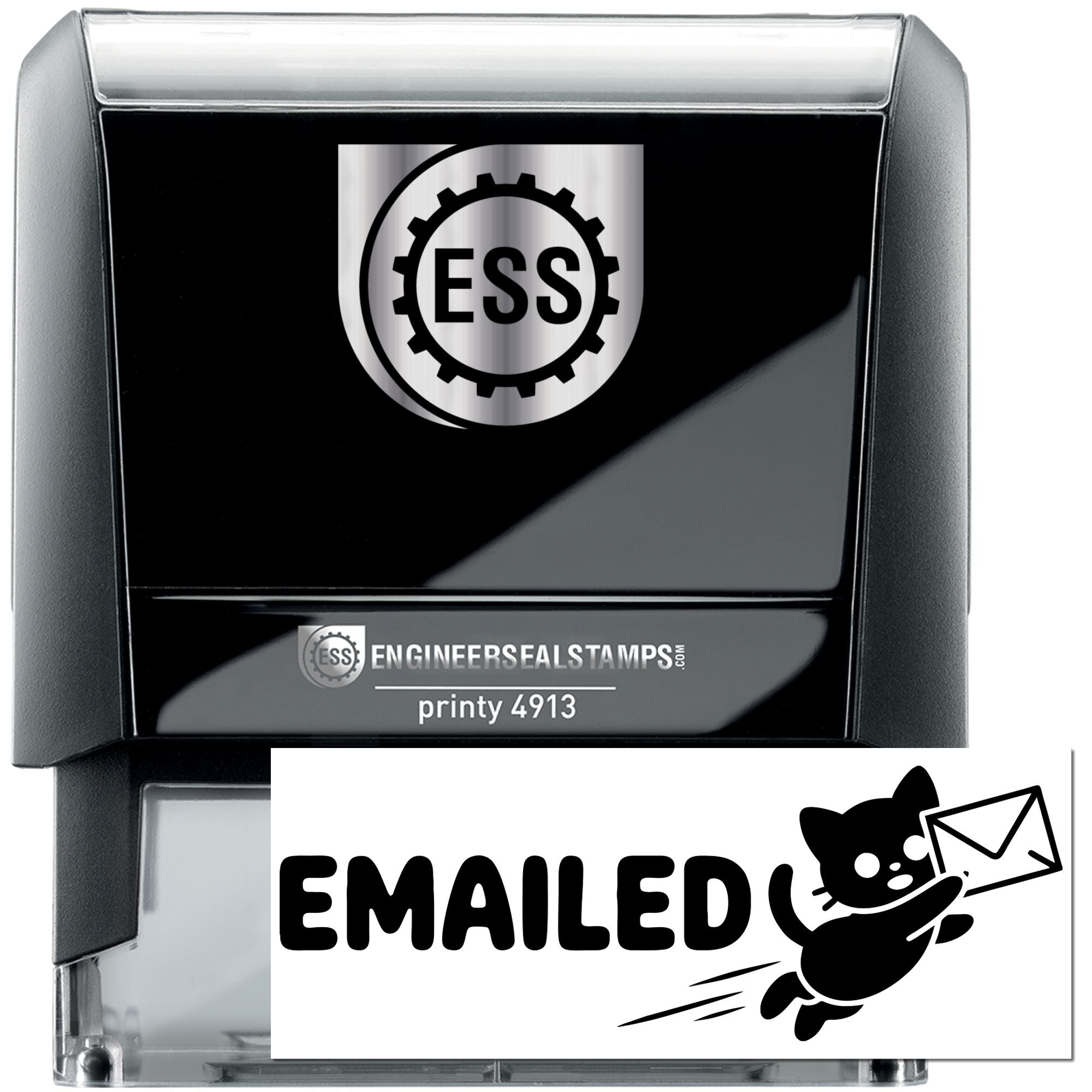 Black and silver self-inking engineer seal stamp, ESS logo, Printy 4913, with large EMAILED imprint