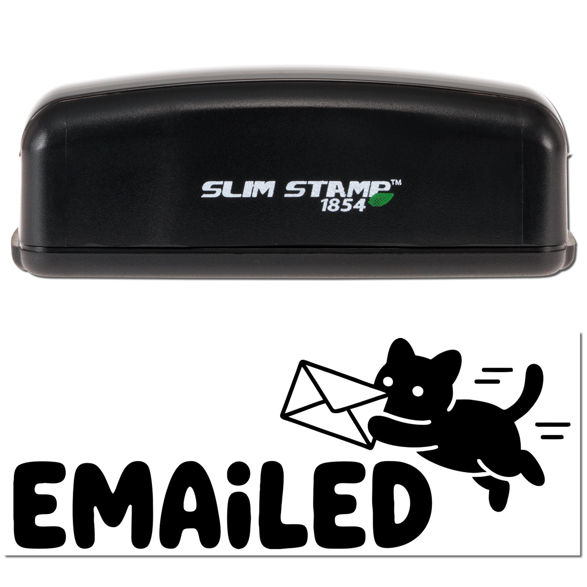 Black Slim Stamp 1854 self-inking stamp above a white Emailed seal with a black cat carrying an envelope.