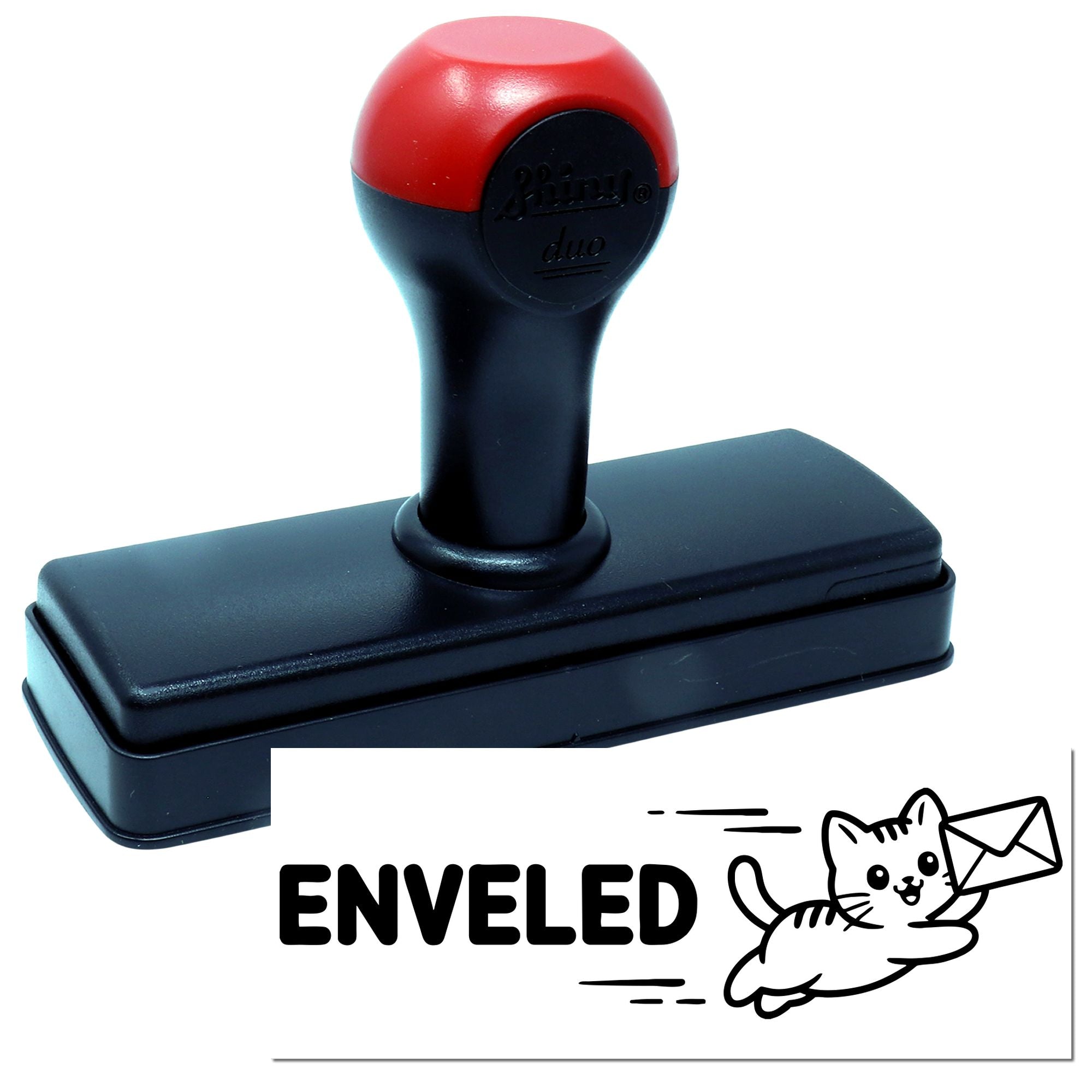 Black self-inking stamp with red handle, showing ENVELED cat-and-envelope seal design.