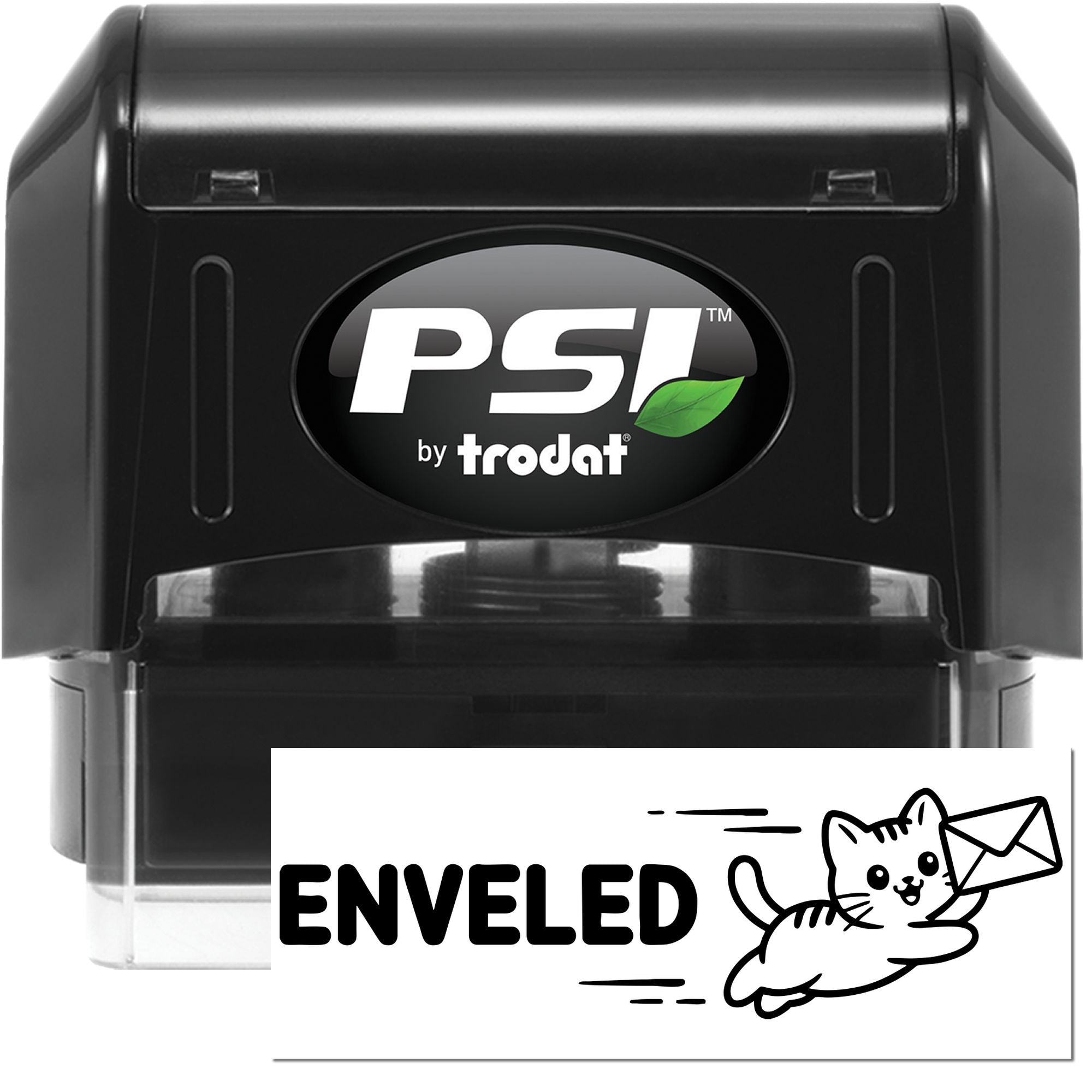 Black PSI by Trodat self-inking stamp and white envelope seal with cat graphic on white background.