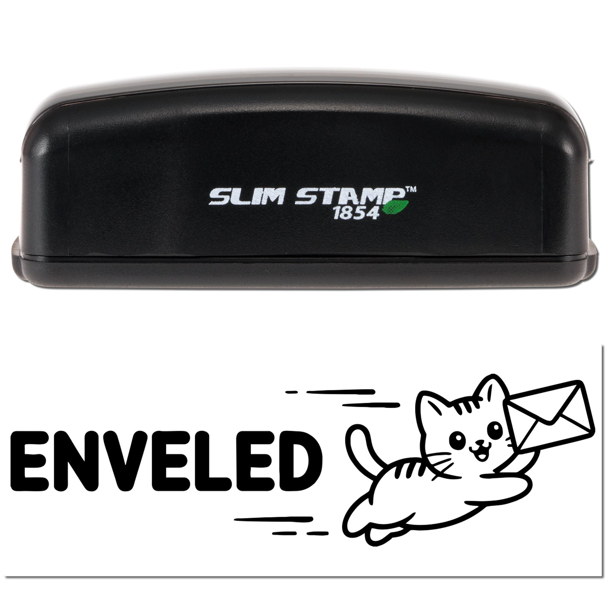 Black Slim Stamp 1854 envelope seal stamper with white packaging, green accent, and cat carrying an envelope graphic.
