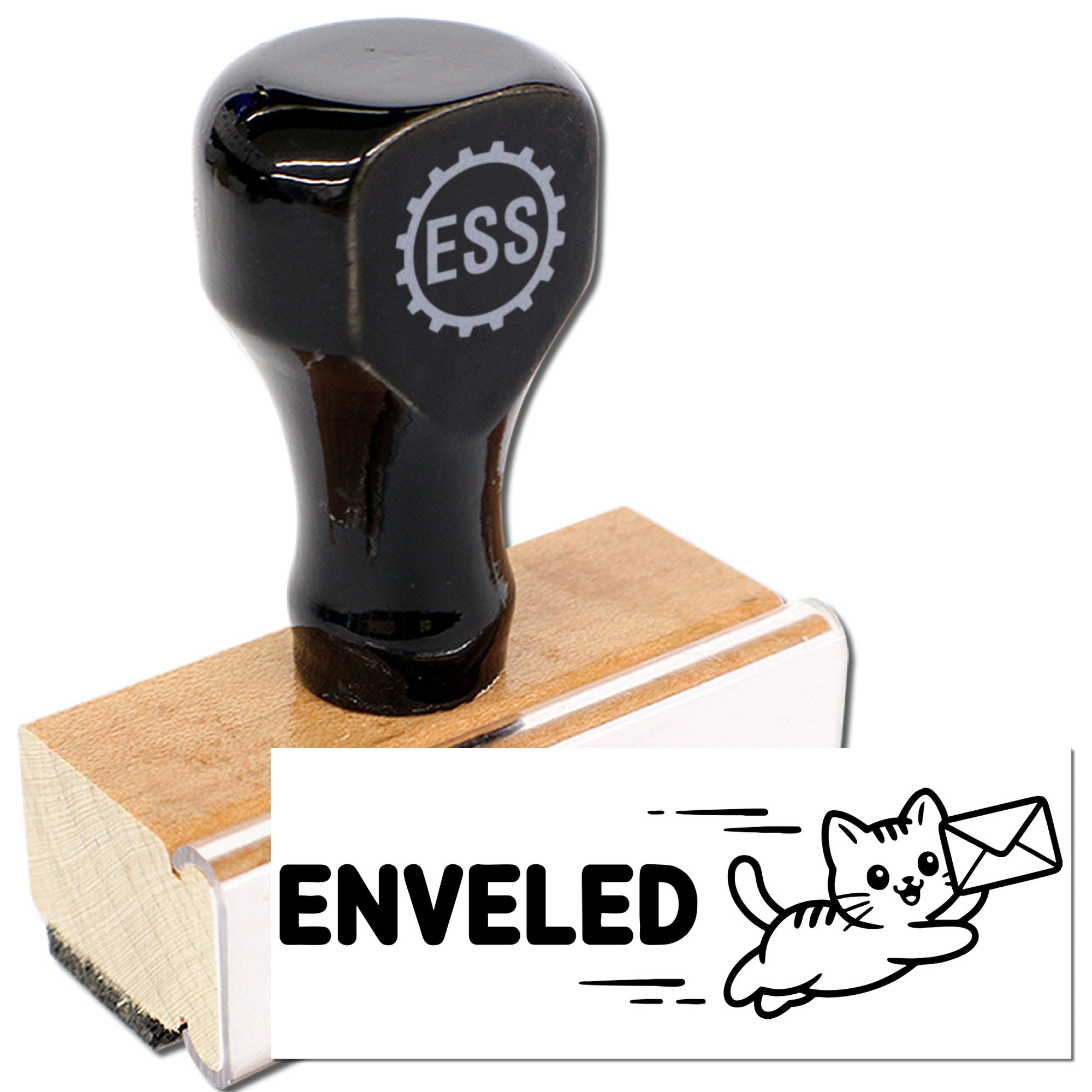 Black self-inking stamp and seal on wood base with cat-and-envelope design and white ENVELED imprint.