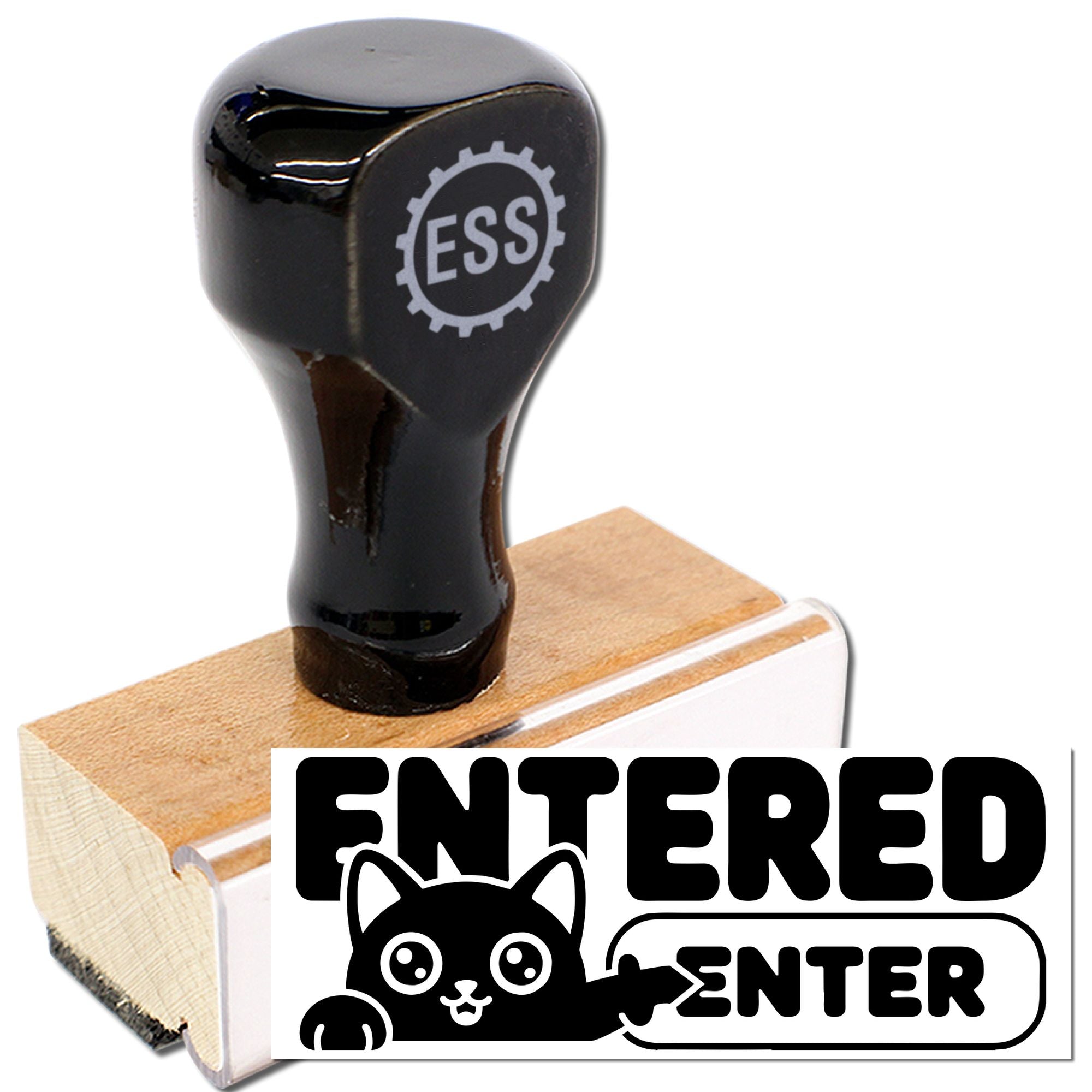 Black self-inking stamp with ESS gear logo on a wooden base, imprinting a bold black ENTERED cat seal.