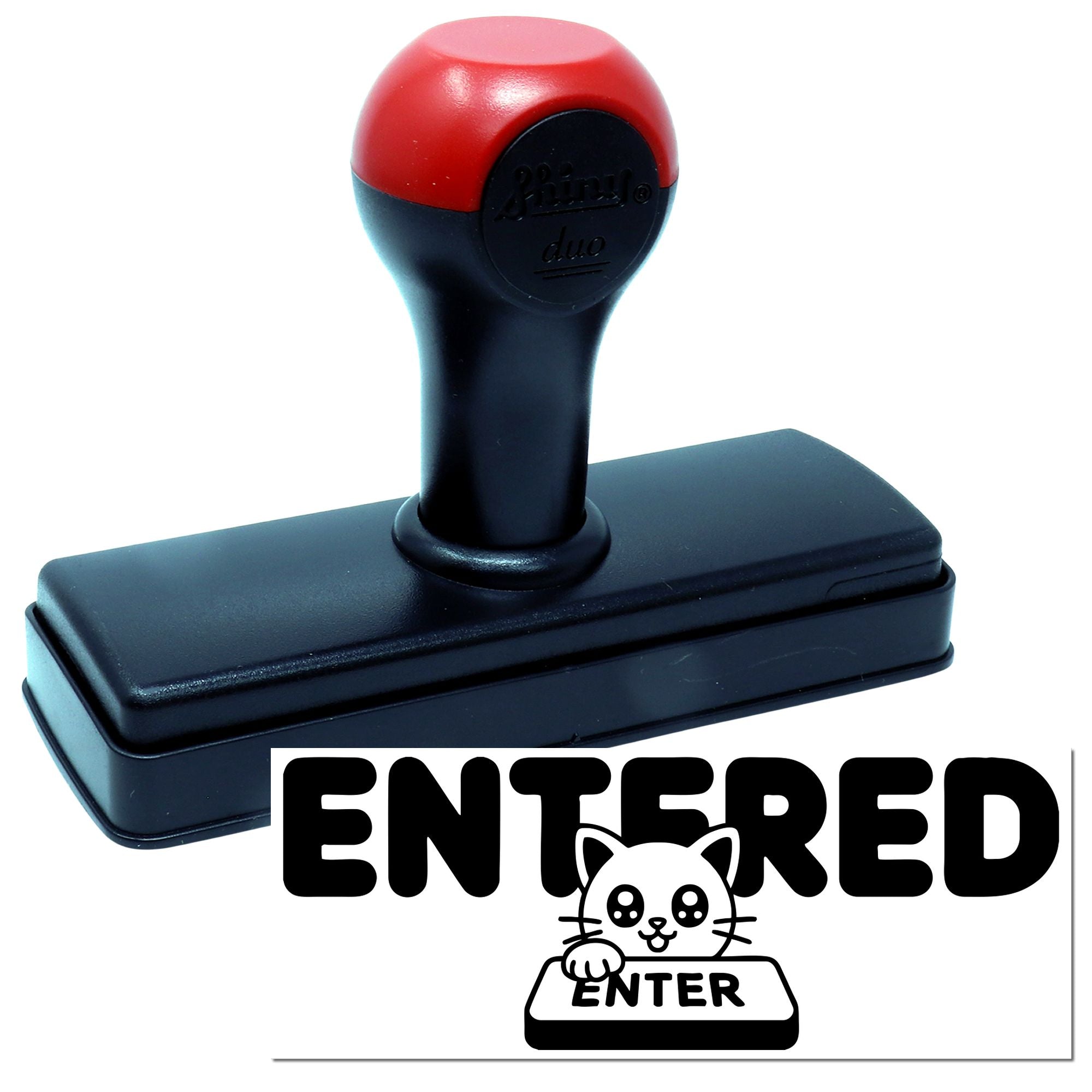 Red and black self-inking rubber stamp and seal with ENTERED cat design.