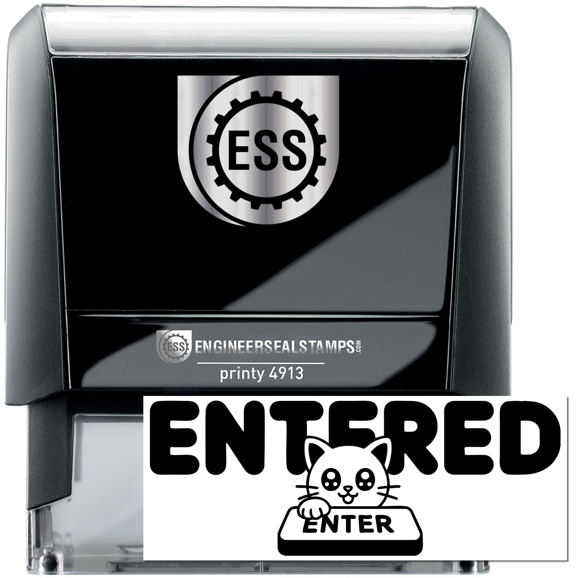 Black self-inking engineer seal stamp with silver ESS logo and white ENTERED cat stamp on clear case