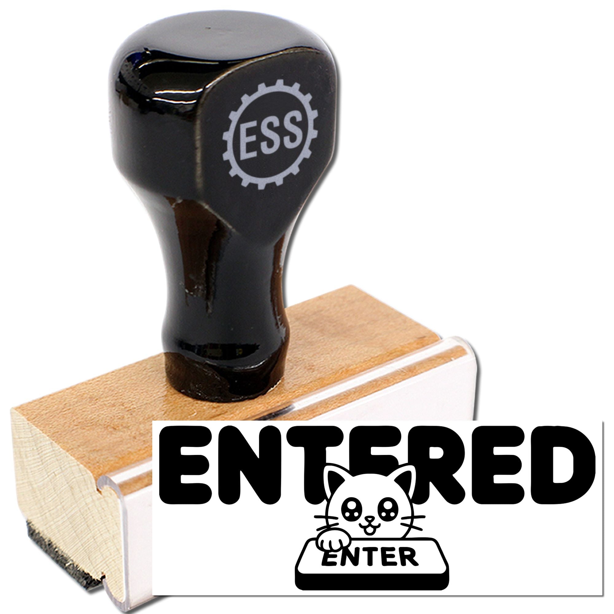 Black rubber stamp and seal with ESS logo, stamping ENTERED with cat icon on white card, mounted on a wooden block.