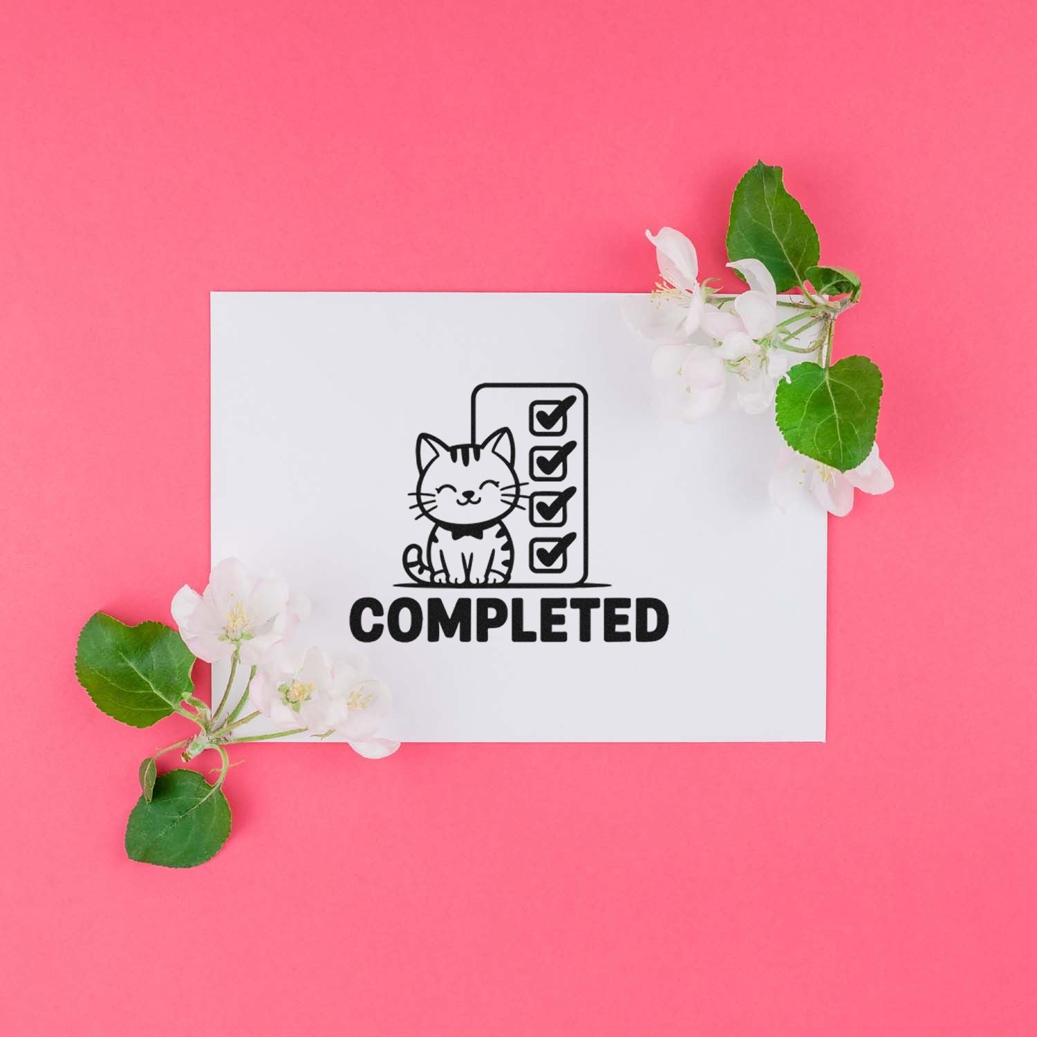 Black cat checklist COMPLETED stamp seal on white card, with white flowers and green leaves on a pink background.