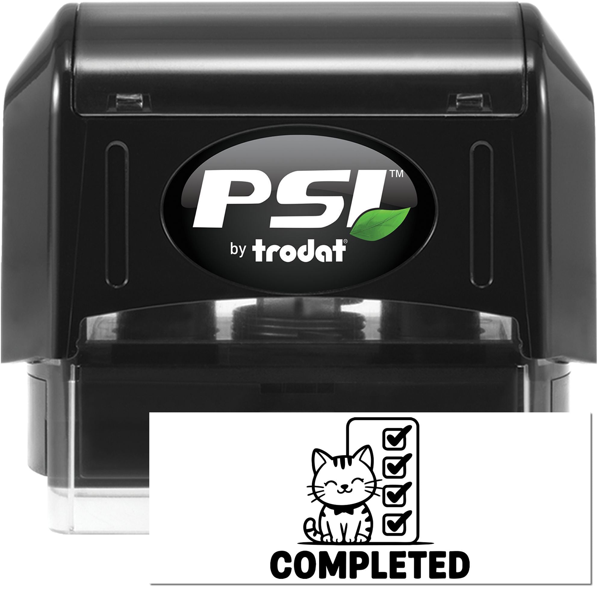Black PSI by Trodat self-inking stamp and seal with green leaf logo and completed cat checklist impression.