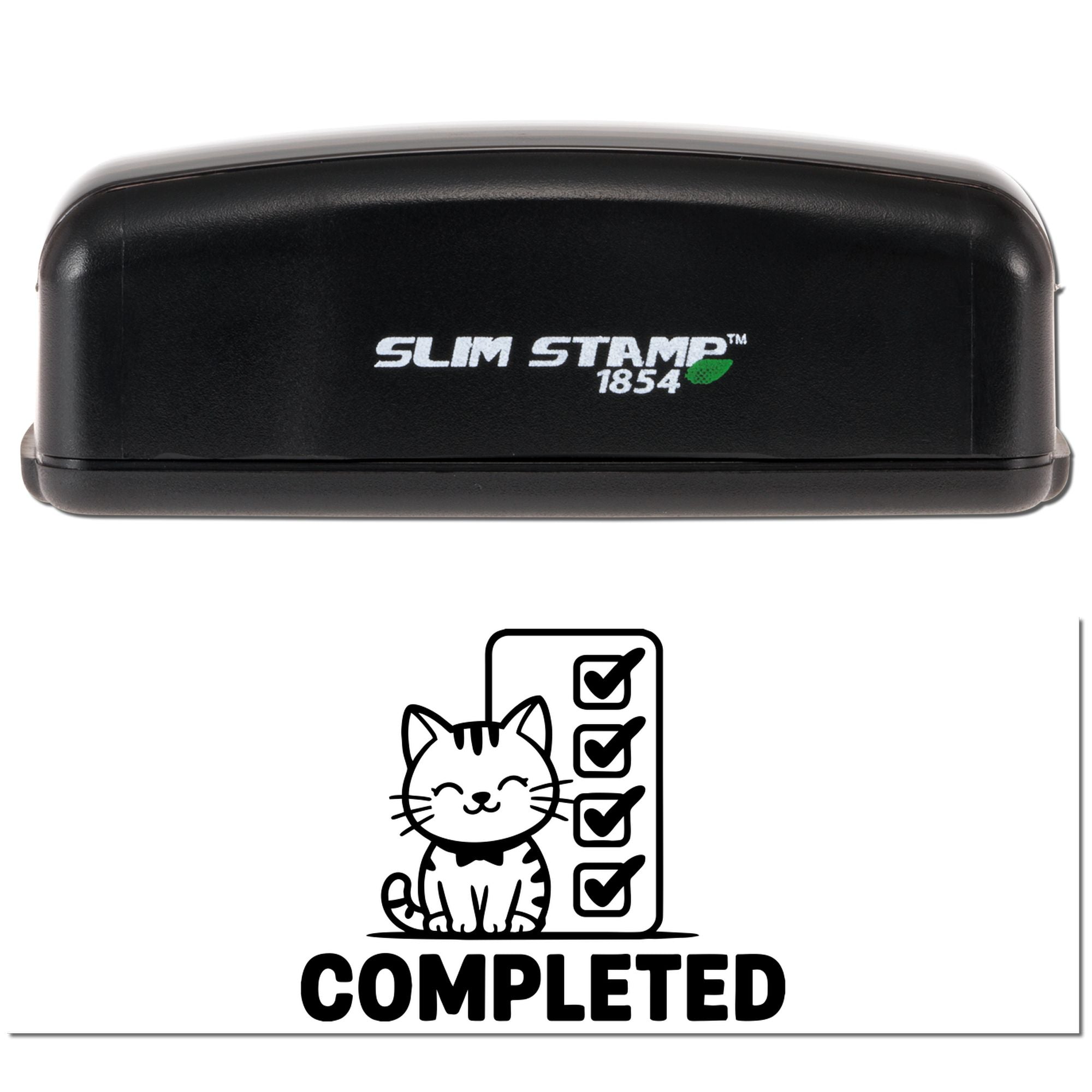 Black Slim Stamp 1854 self-inking stamp and cat checklist COMPLETED seal on white background.