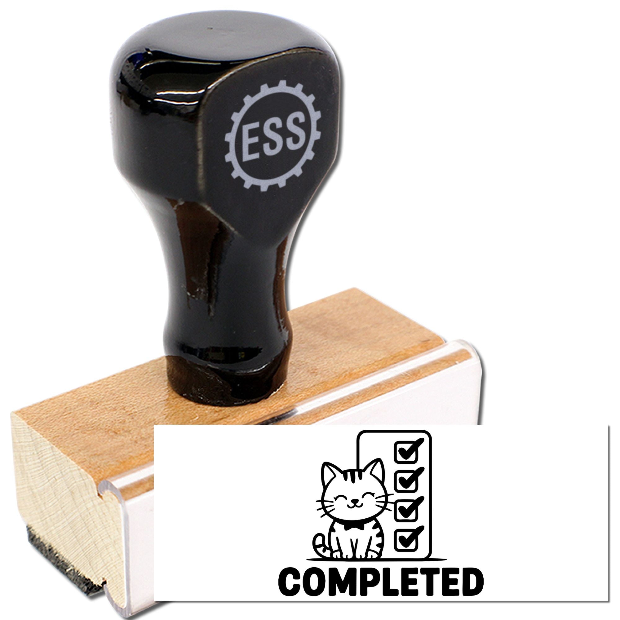 Black custom rubber stamp with ESS logo on wooden handle, stamping a cat checklist and COMPLETED in black on white.