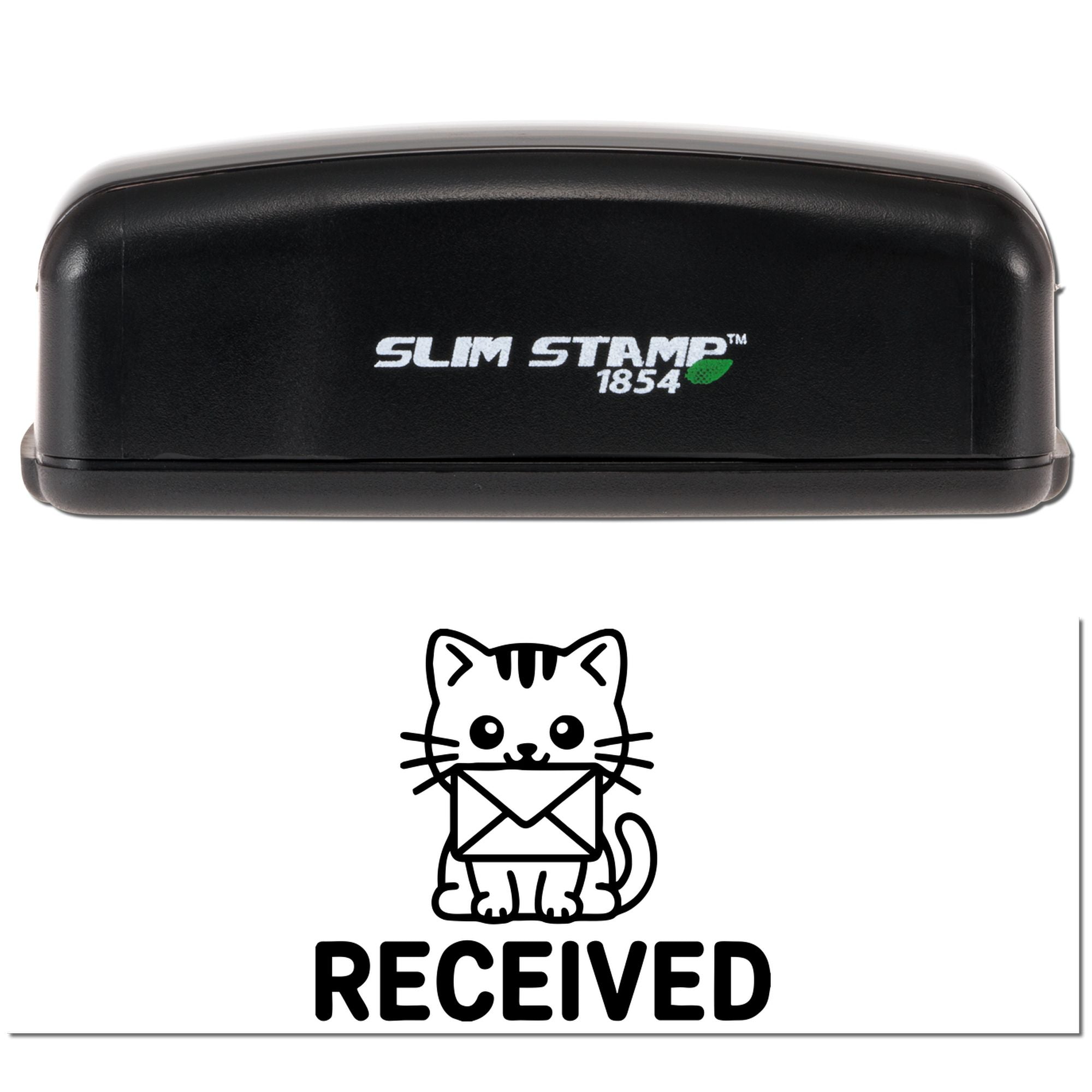 Black Slim Stamp 1854 stamp and RECEIVED seal with cat holding an envelope, black on white background.