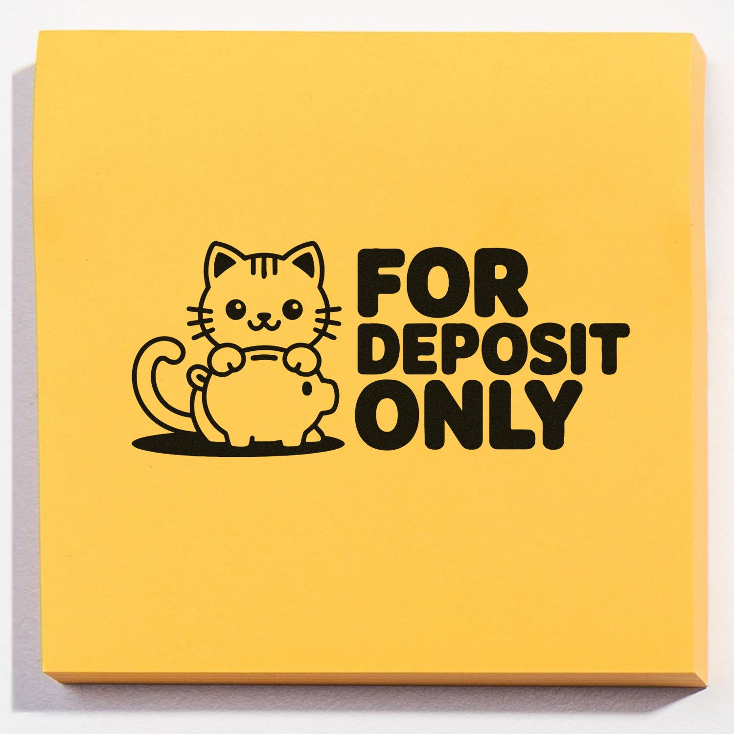 Yellow self-inking stamp with black cat and piggy bank, marked FOR DEPOSIT ONLY.