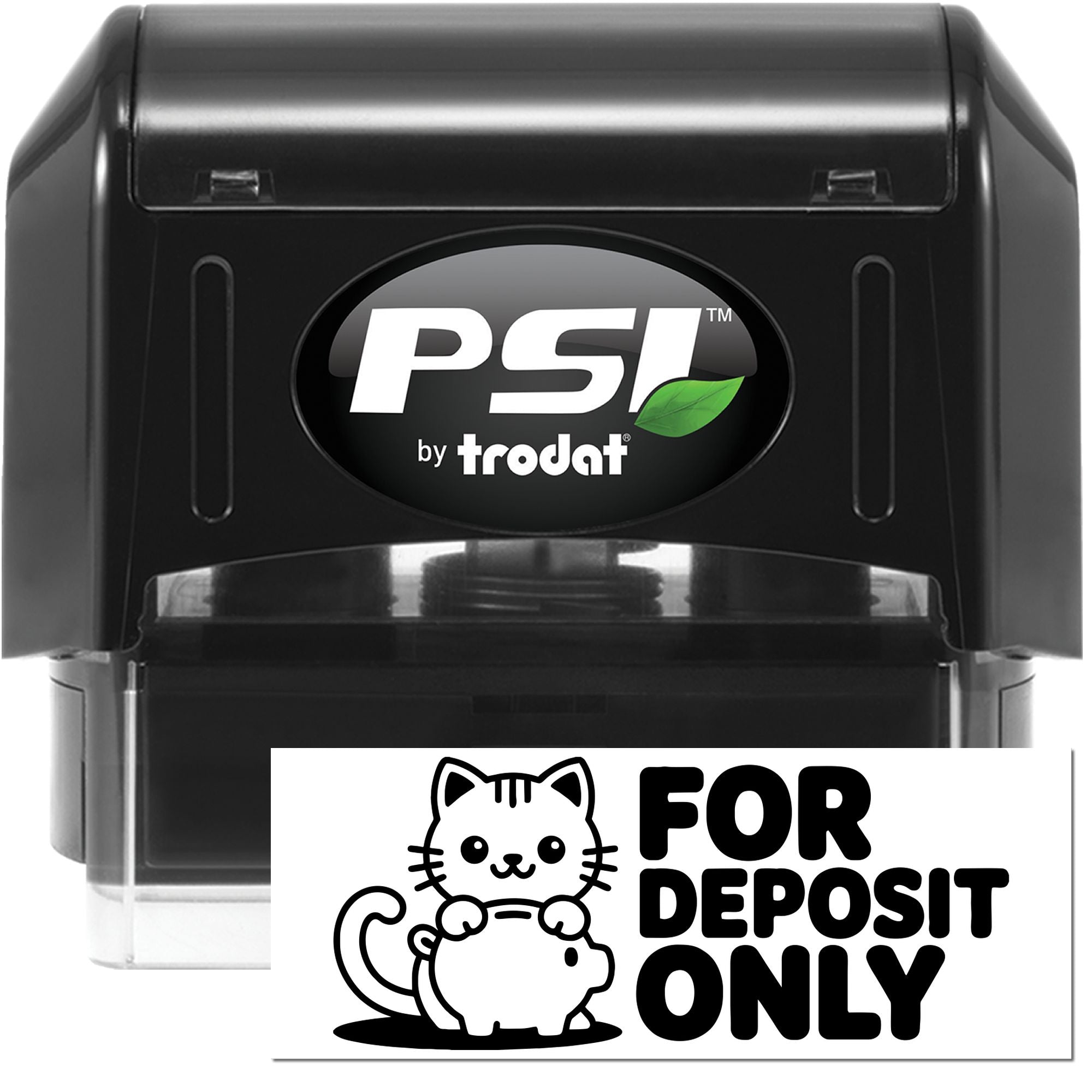 Black PSI by Trodat self-inking stamp with green leaf logo and white For Deposit Only seal featuring a cat and piggy bank.
