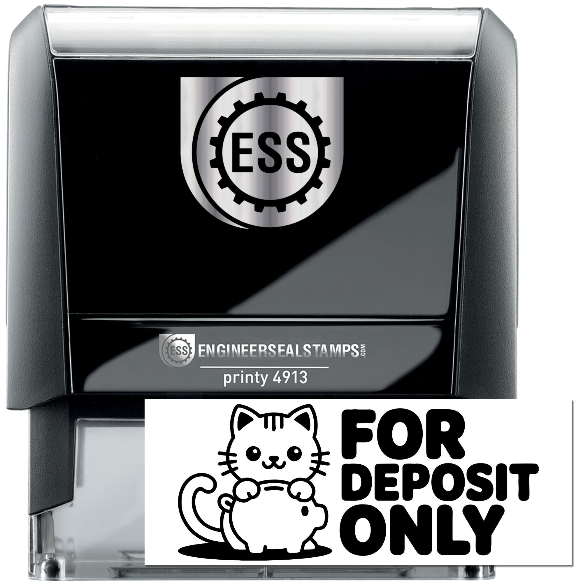 Black self-inking engineer seal stamp with silver ESS logo and white For Deposit Only stamp featuring a cat and piggy bank.