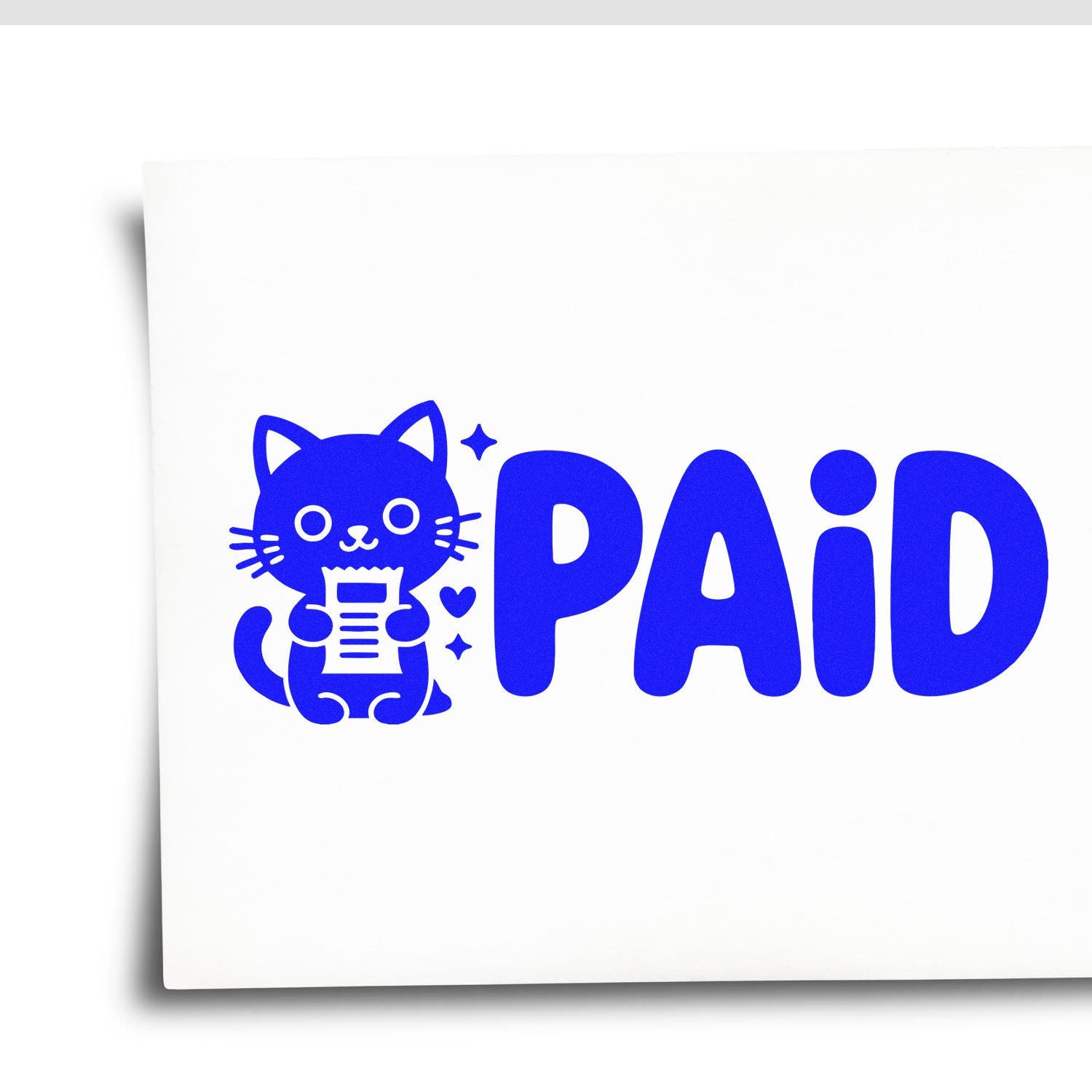 Blue PAID stamp and seal with cat holding receipt on white background