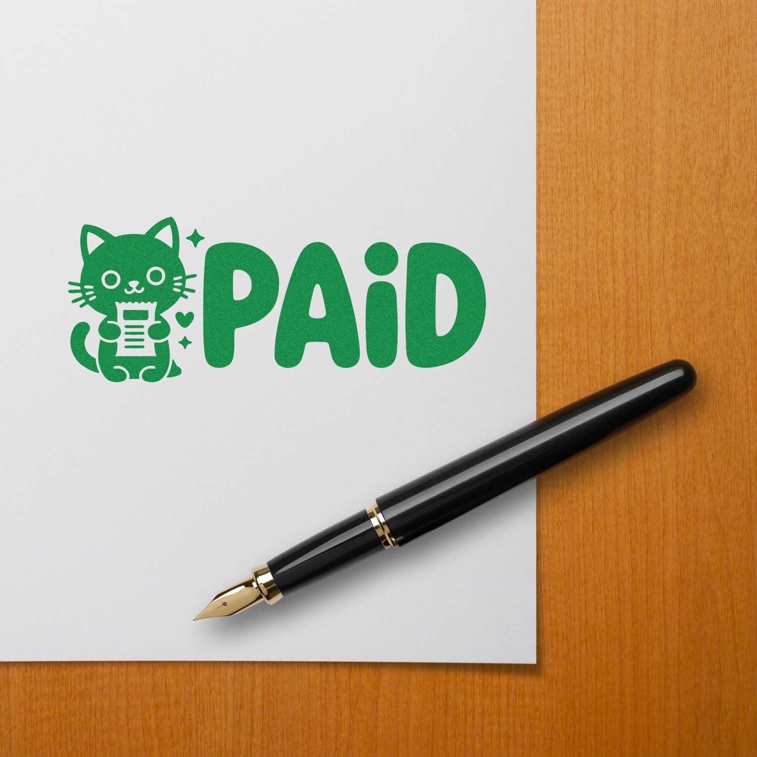 Green PAID stamp and seal with cat holding receipt icon on white paper, black fountain pen on wood desk