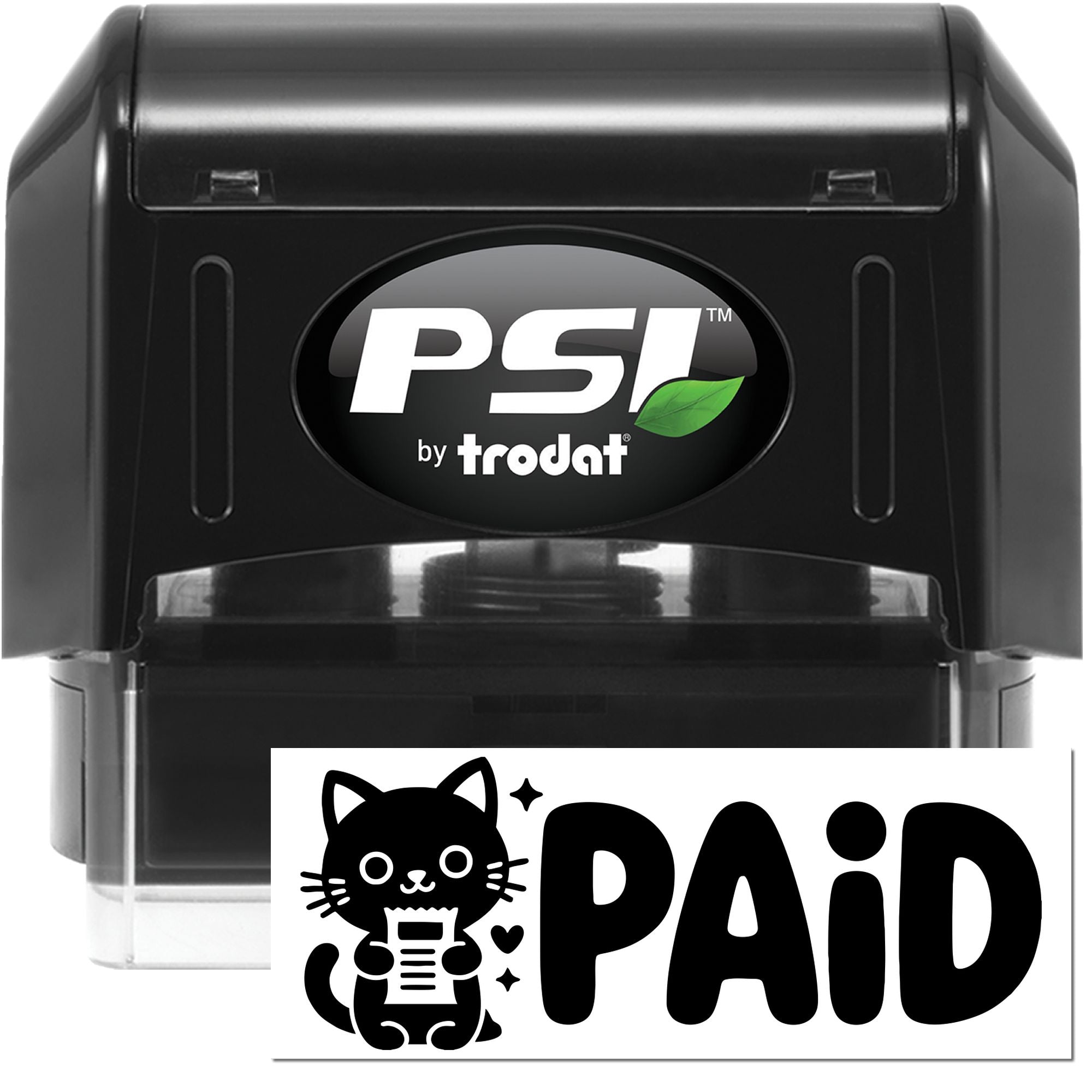 Black PSI by Trodat self-inking stamp with green leaf logo and PAID cat seal imprint.