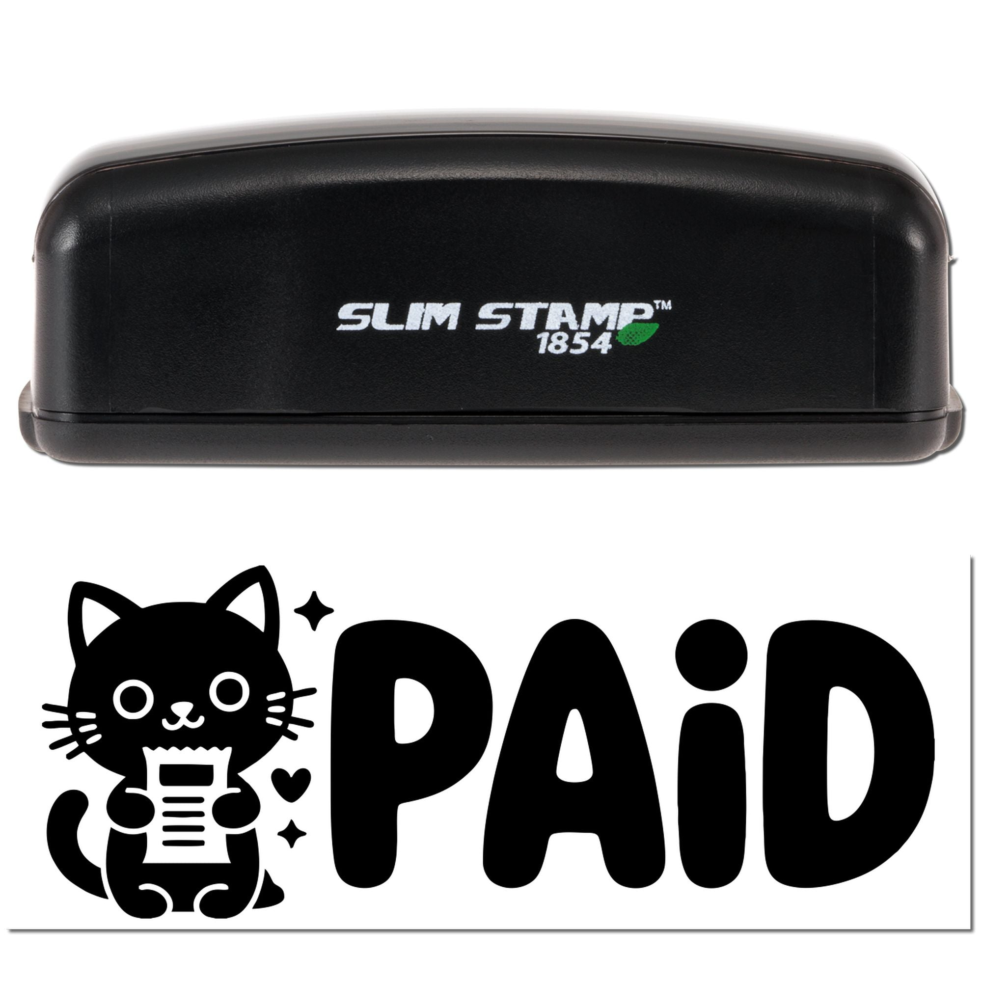 Black Slim Stamp 1854 self-inking stamp and seal with cat icon and bold PAID text on white background