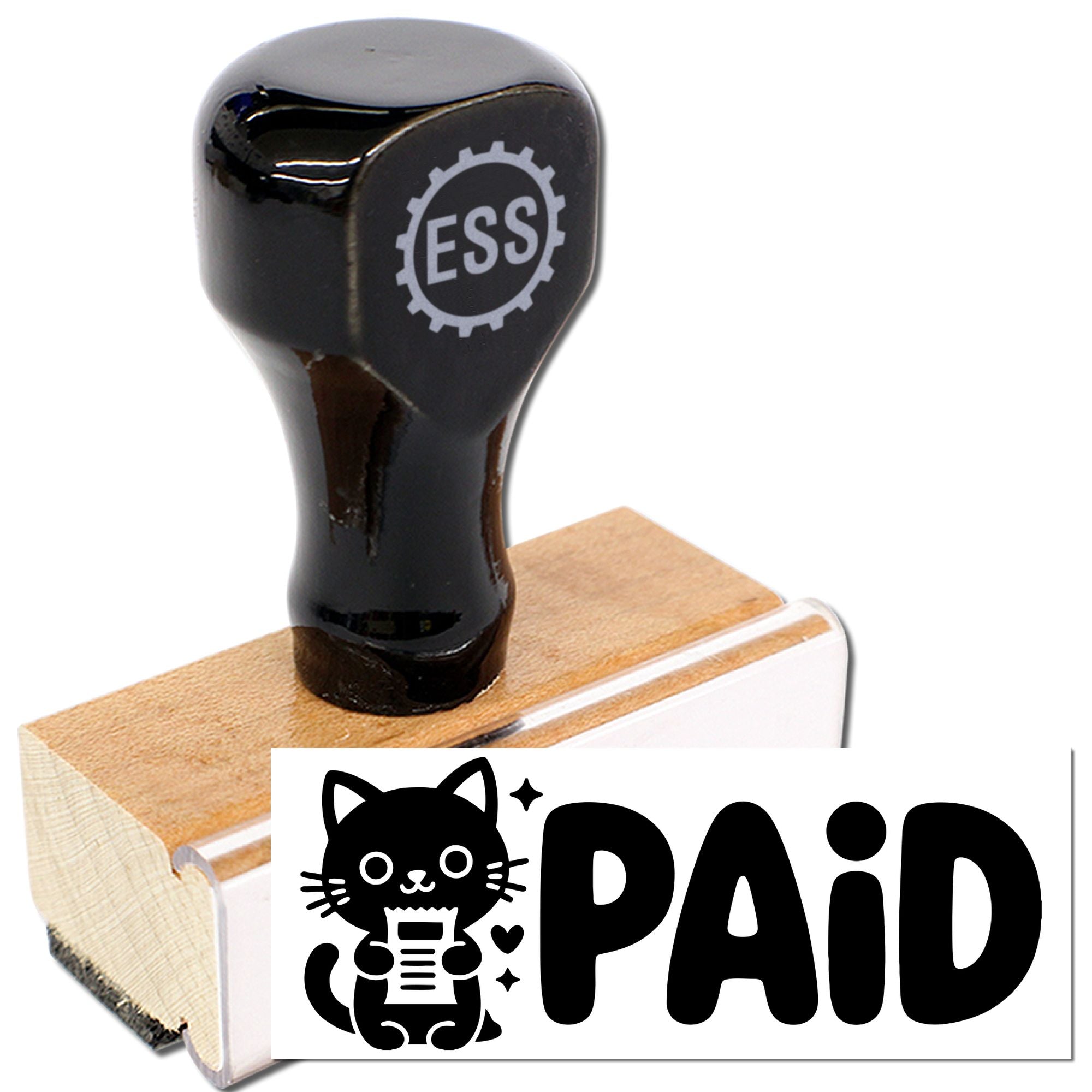 Black ESS rubber stamp handle on wooden seal block, with PAID cat graphic and white label.