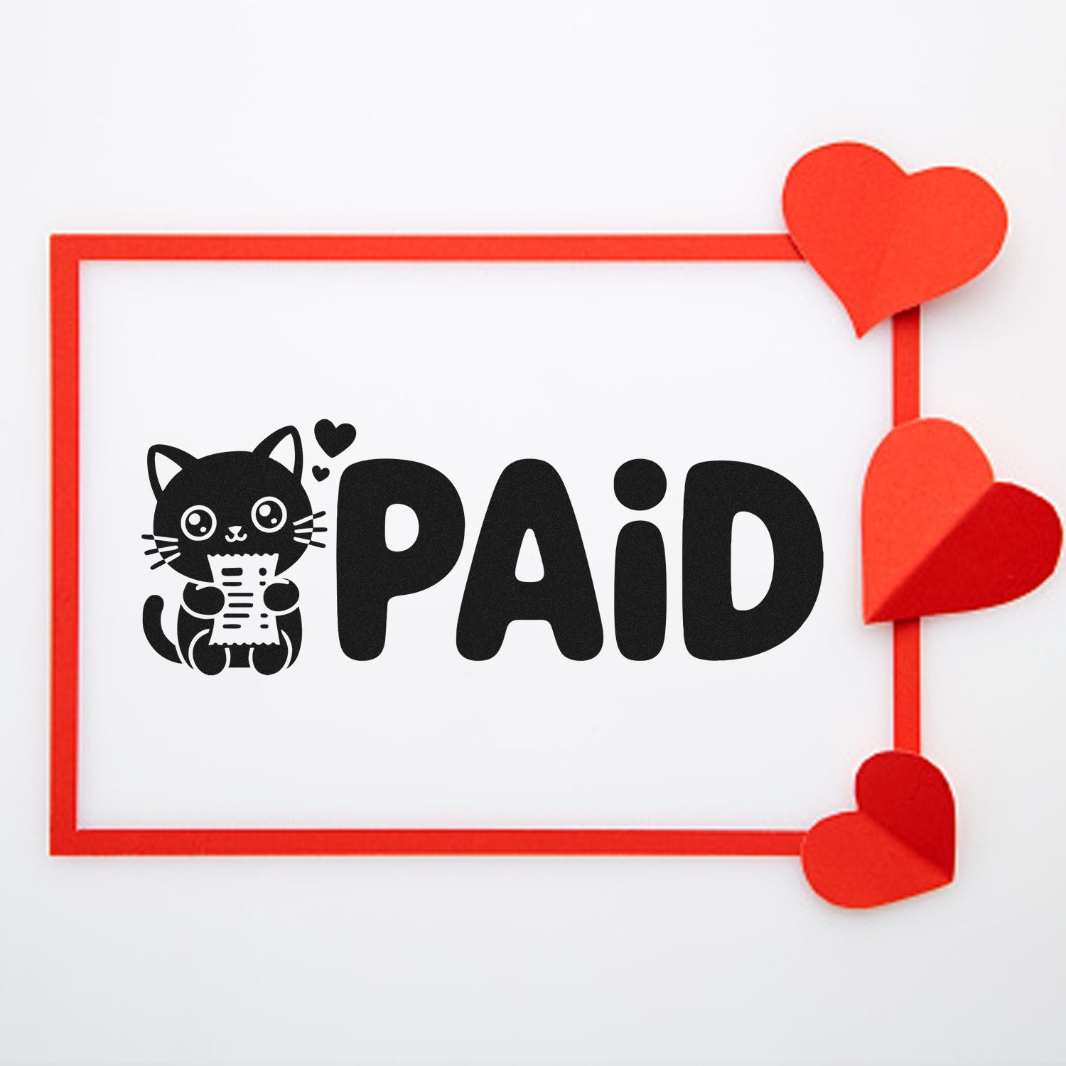 Black cat PAID stamp and red heart seal accents on white background