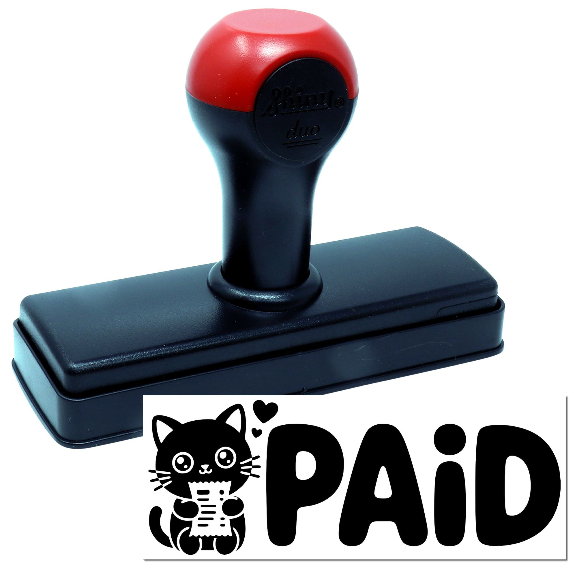 Red and black self-inking stamp with cat PAID seal imprint preview.