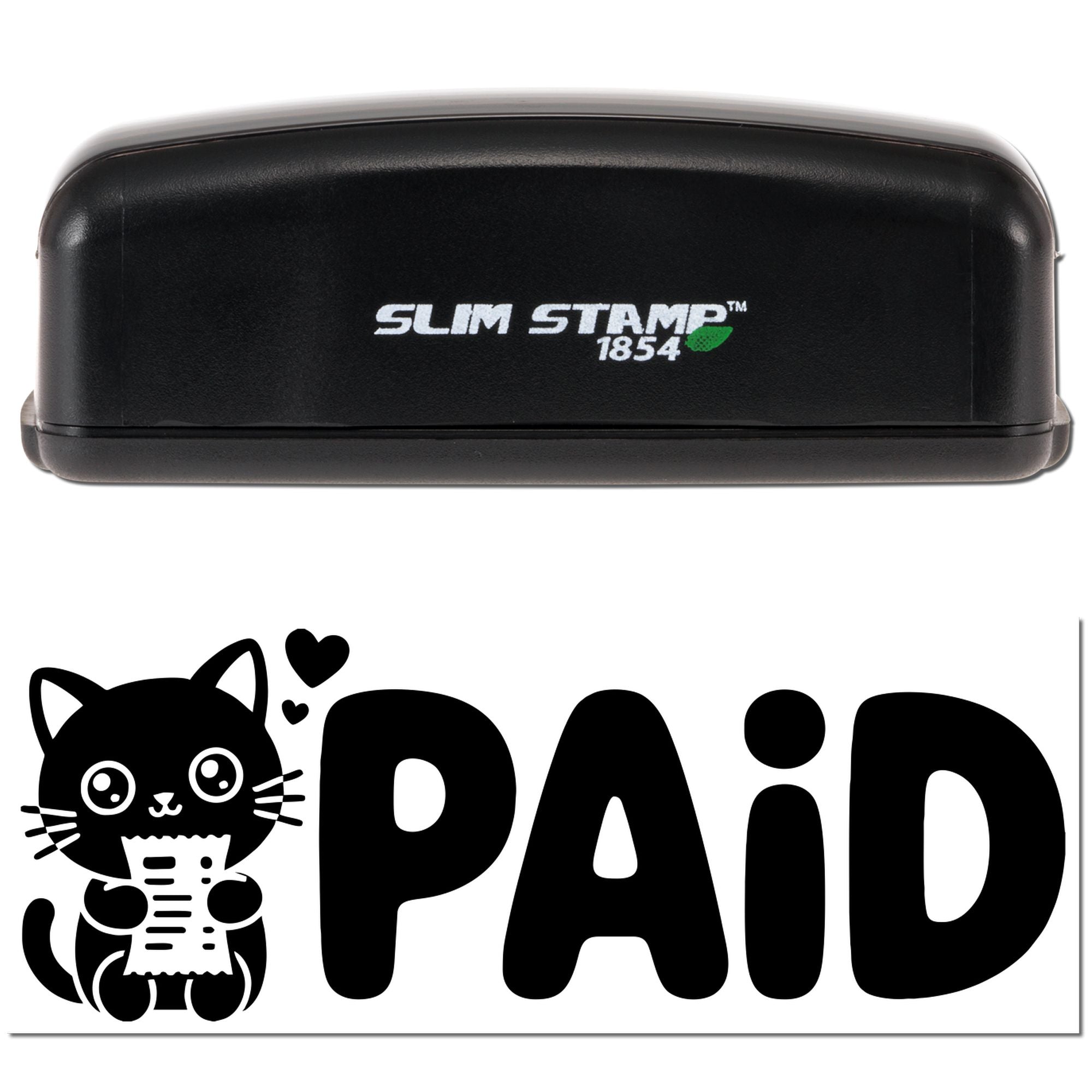 Black Slim Stamp 1854 and black-and-white PAID seal with cat graphic