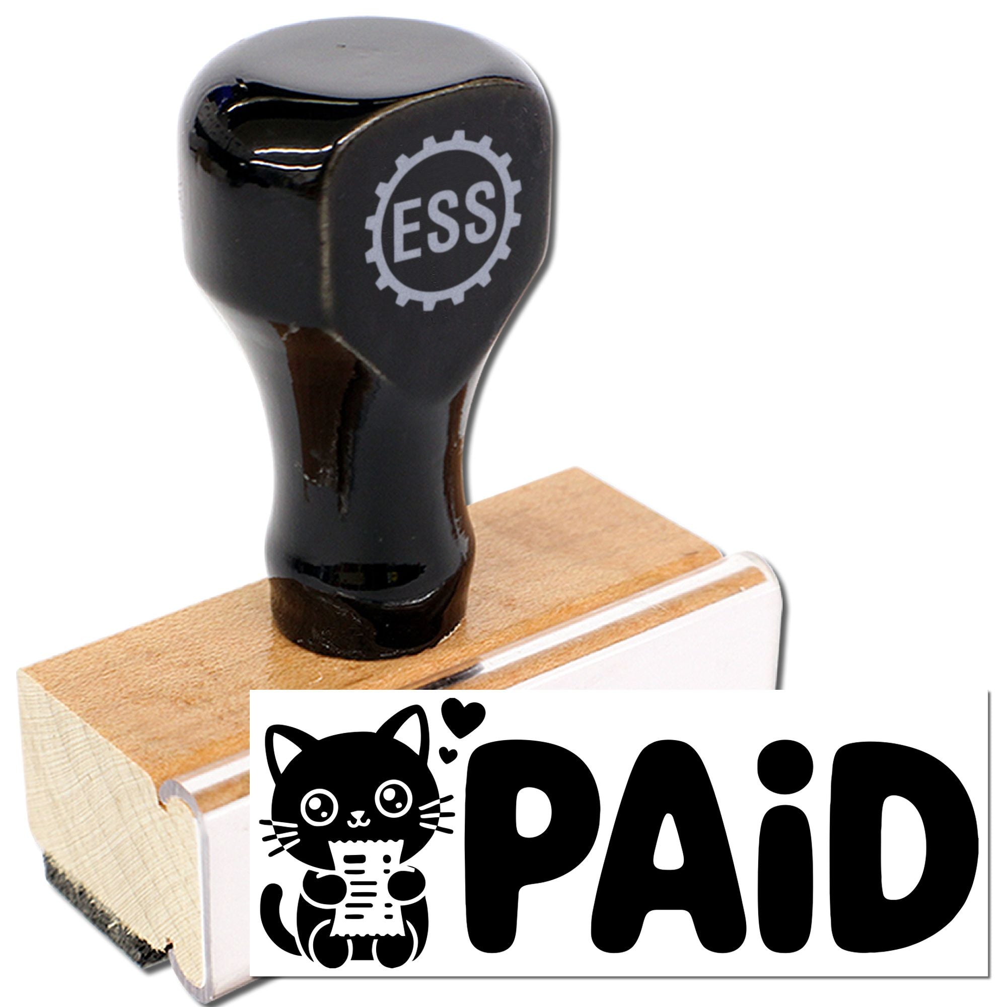 Black self-inking stamp and seal with ESS logo, showing bold PAID cat design on white background.