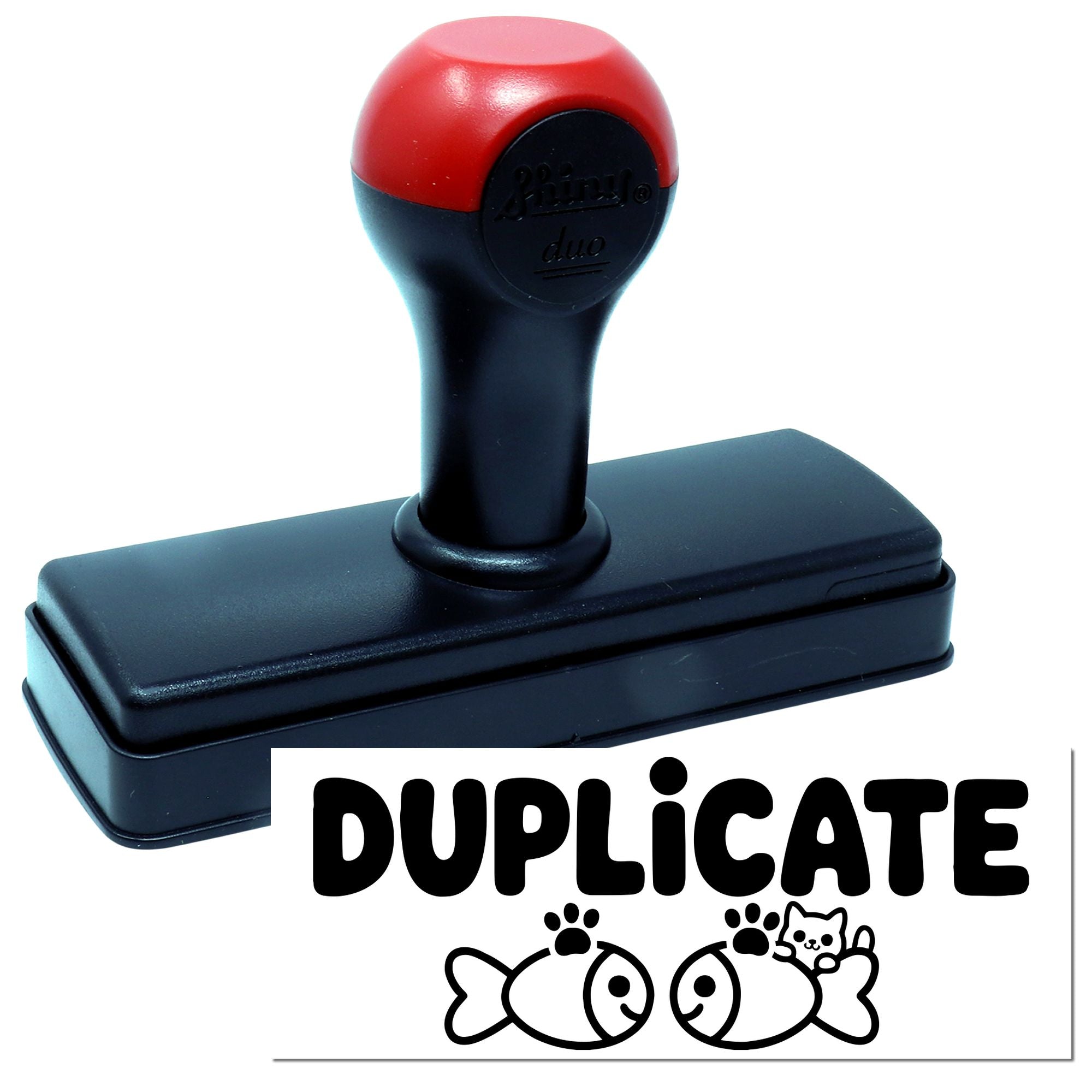 Black and red self-inking duplicate stamp and seal with fish logo.
