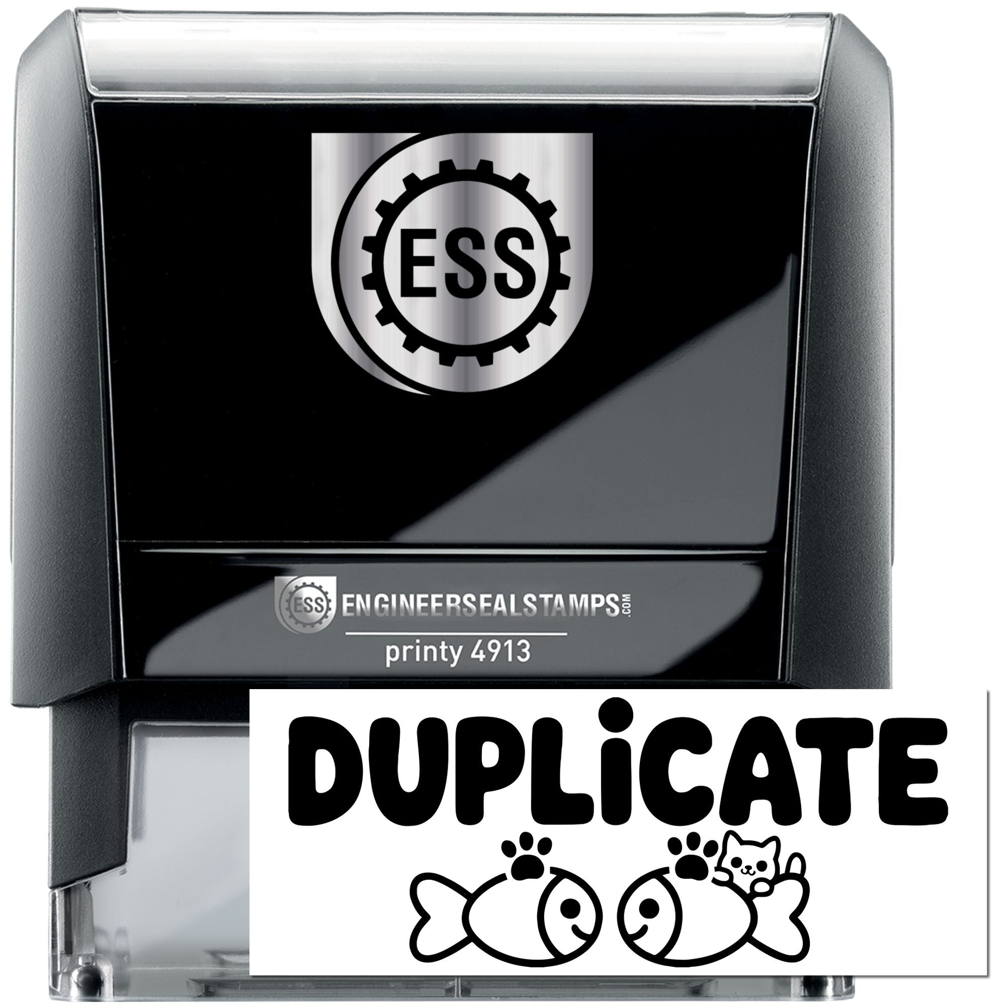 Black self-inking stamp and seal set with silver top, ESS gear logo, and bold DUPLICATE imprint.