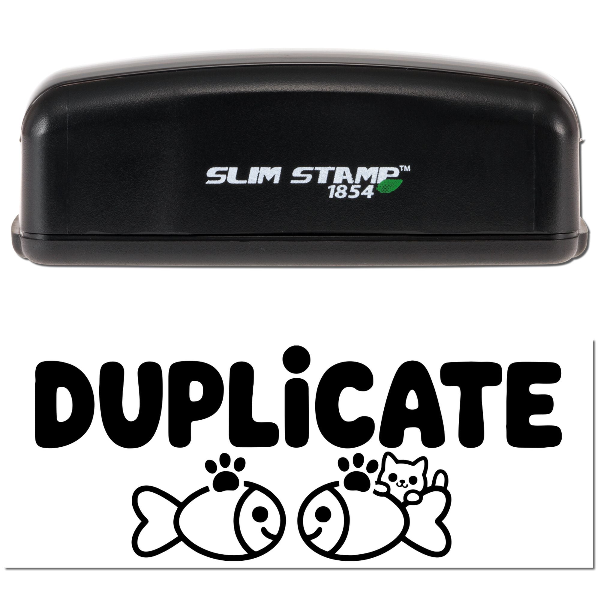 Black Slim Stamp 1854 duplicate stamp and seal with bold white logo, black DUPLICATE text, and fish graphic on white background.