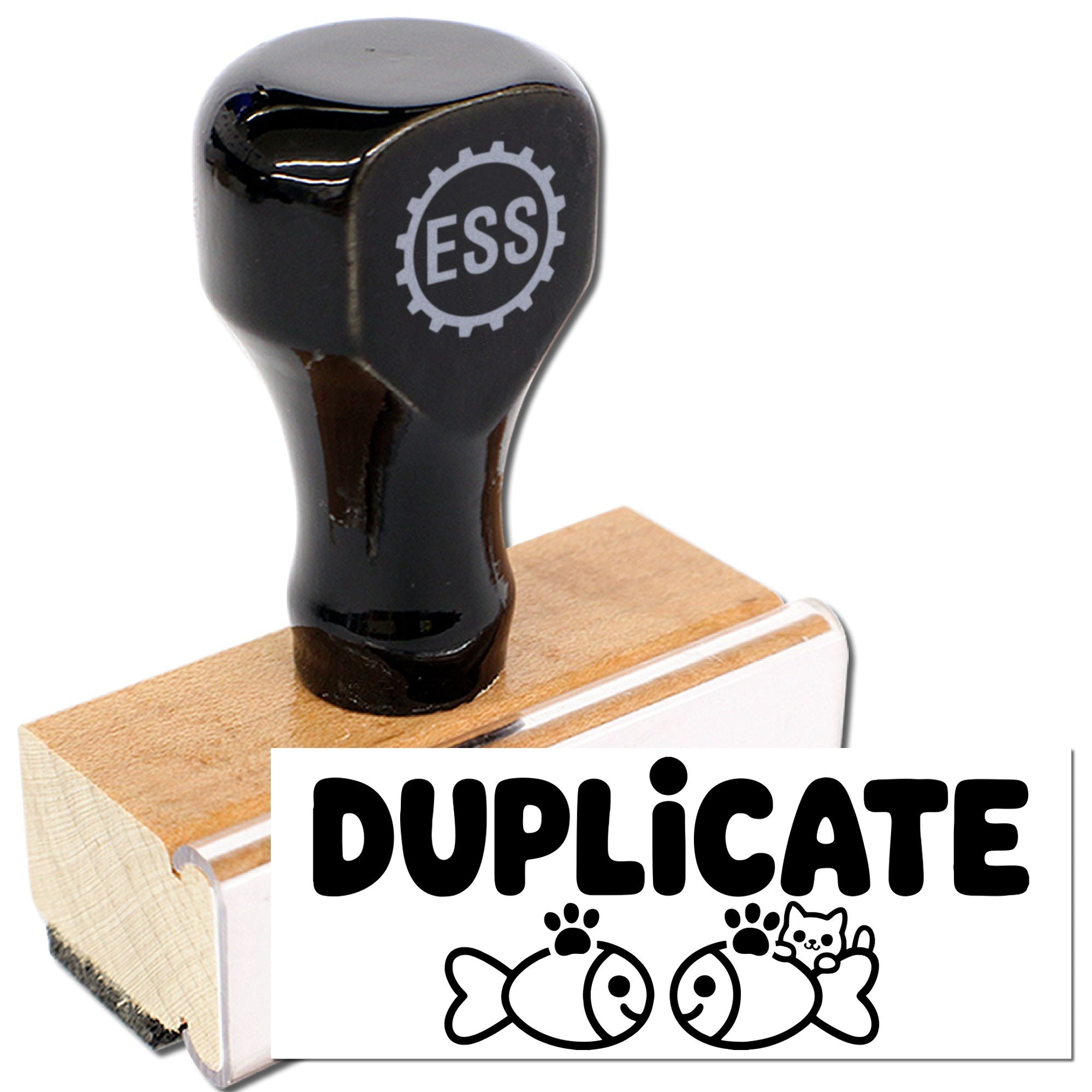 Black ESS rubber stamp with wooden base and white DUPLICATE seal label, featuring cartoon fish and cat icons.