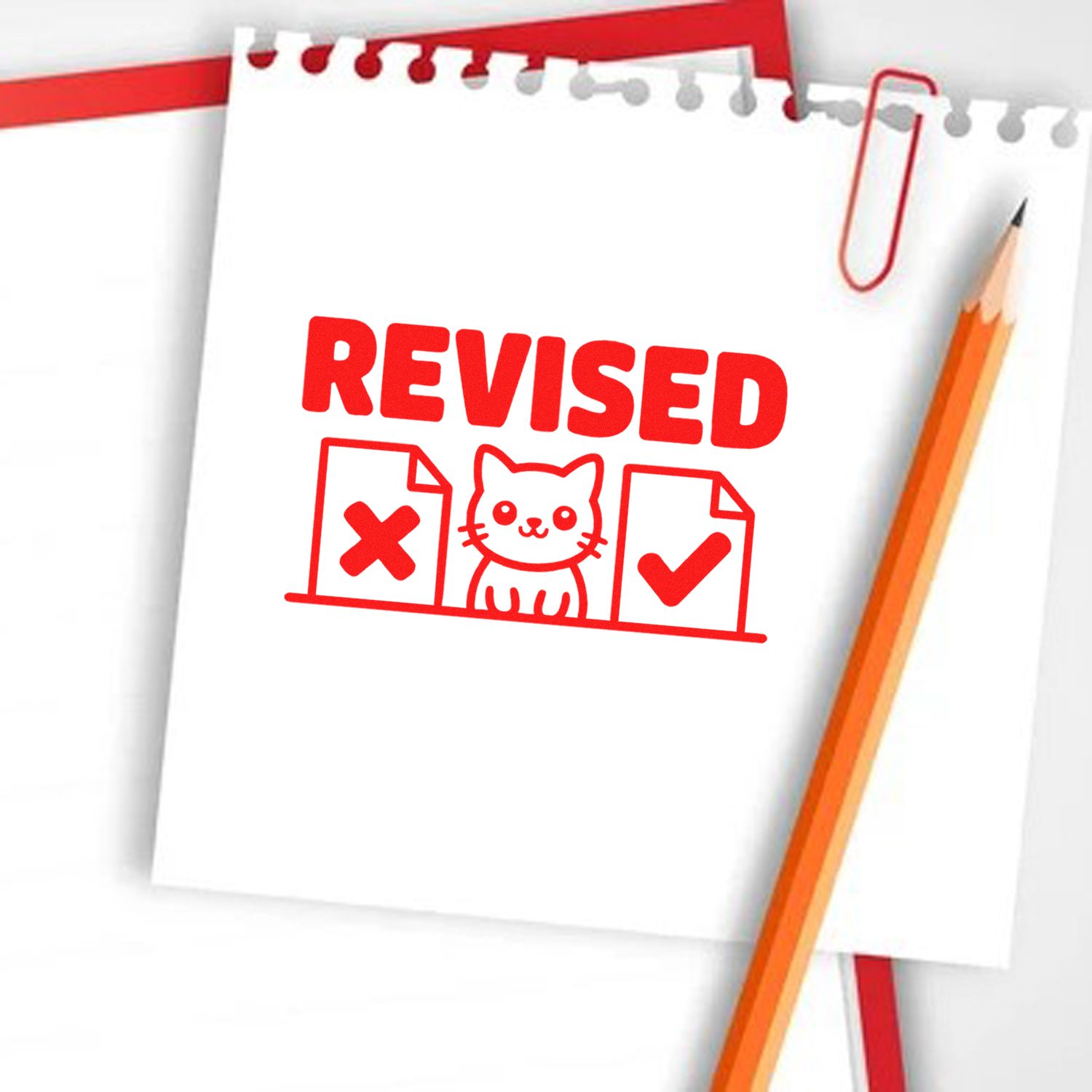 Red REVISED stamp seal on white notepad with X and check icons, cat graphic, paperclip, and orange pencil.