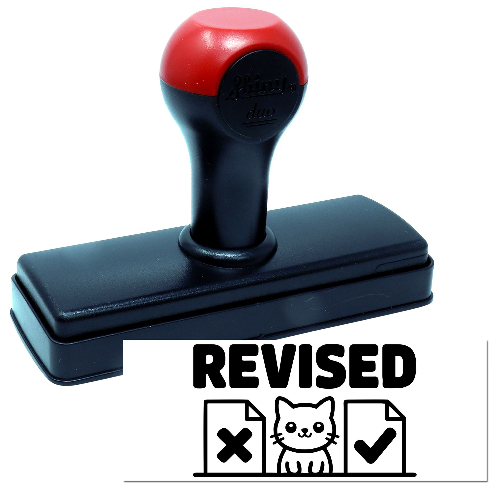 Red and black self-inking stamp and seal with REVISED text, checkmark, X, and cat icon on a white background.