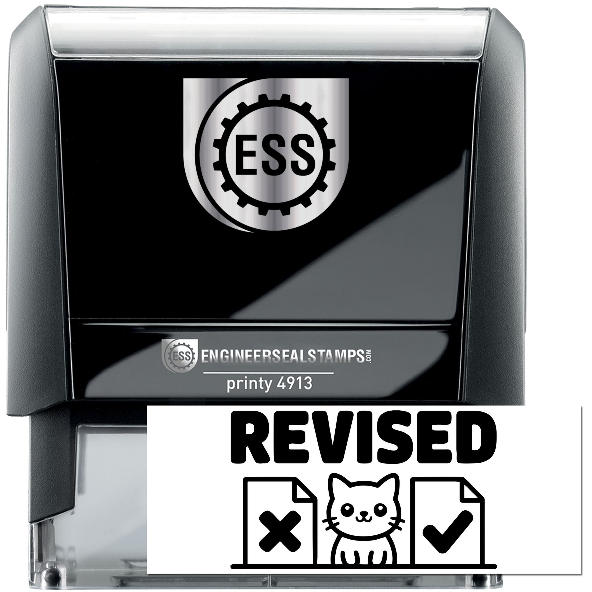 Black and silver self-inking engineer seal stamp with ESS gear logo, revised mark, and clear casing.