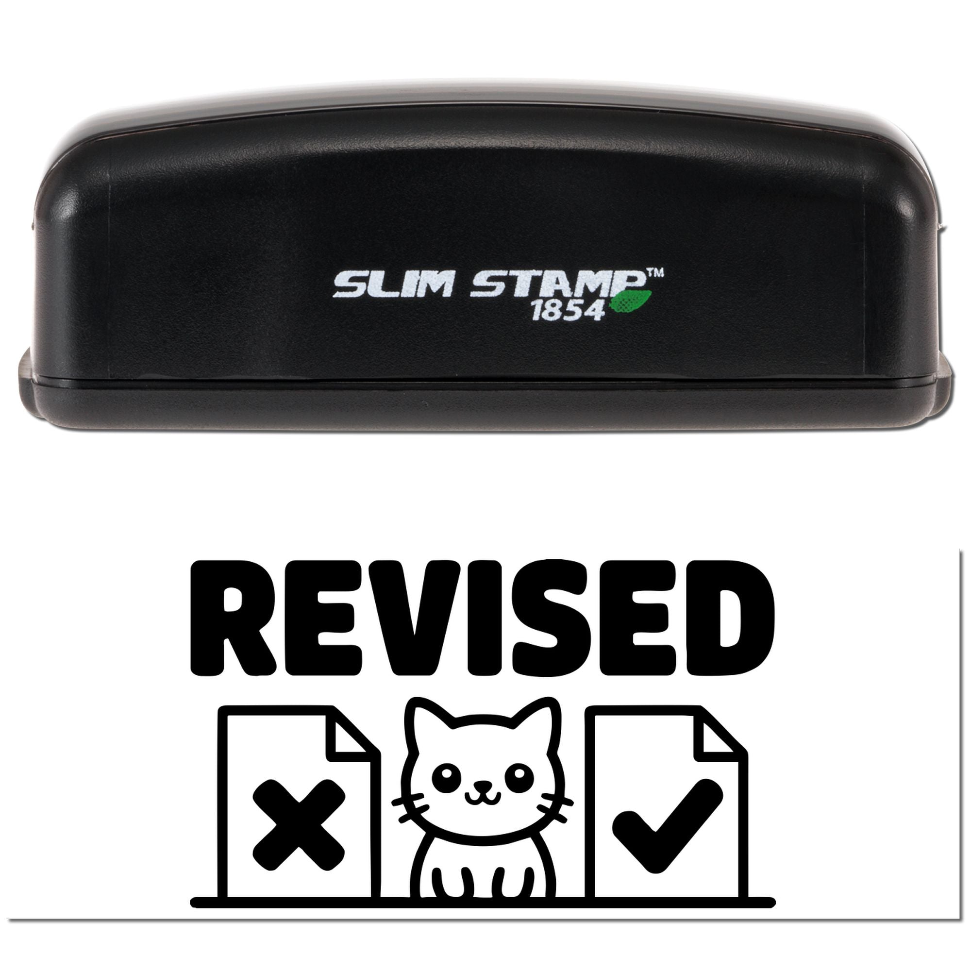 Black Slim Stamp 1854 stamp and seal set with revised cat icon, checkmark and X document symbols on white background