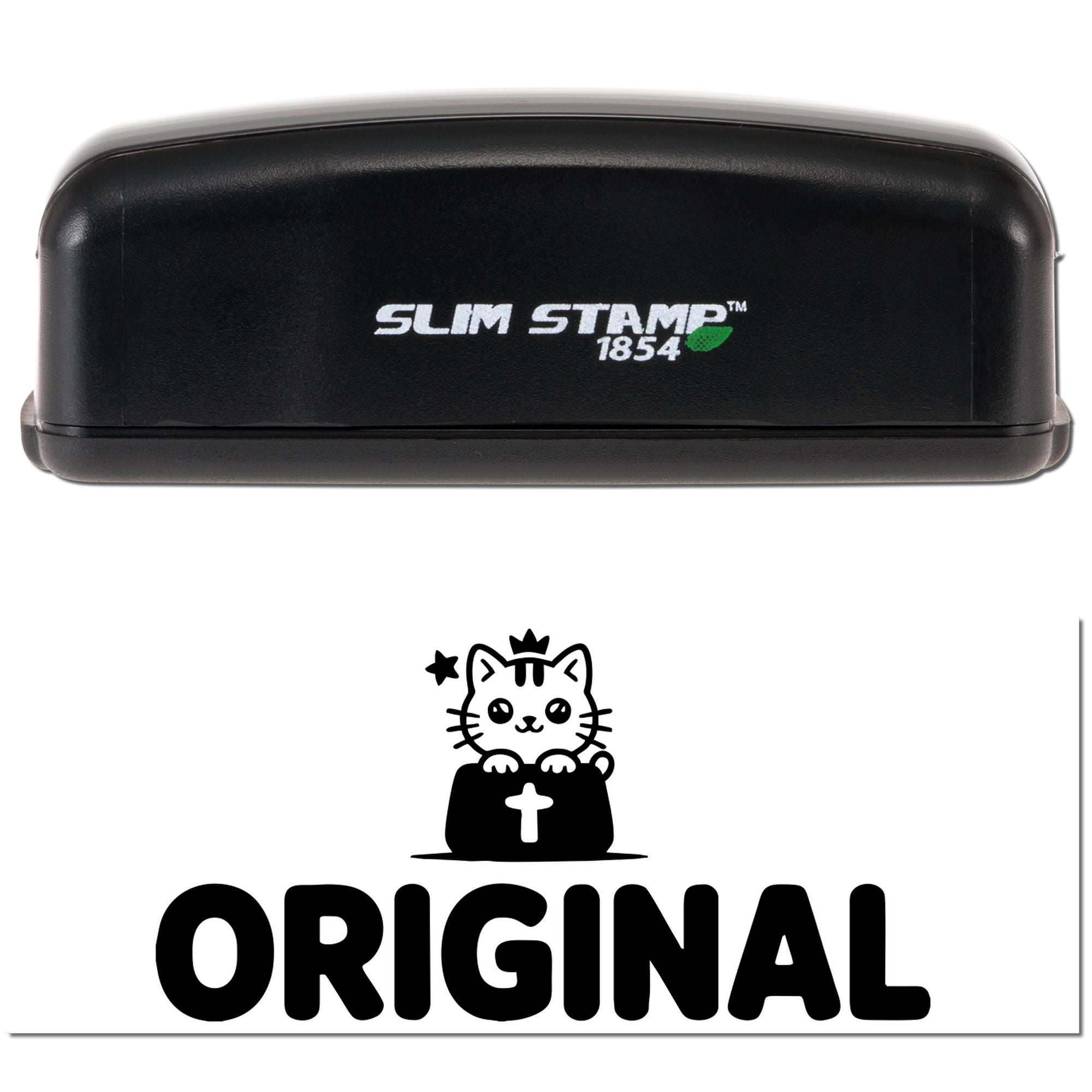 Black Slim Stamp 1854 stamp and seal set with white logo, green accent, and cat ORIGINAL emblem on white background.