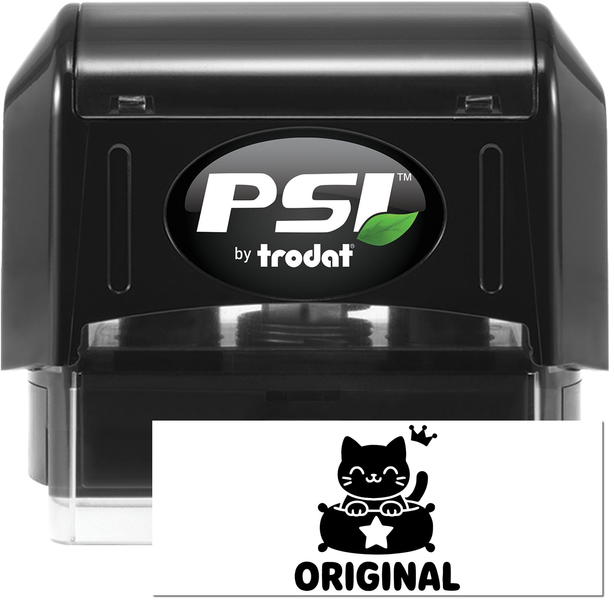 Black PSI by trodat self-inking stamp and seal with clear base; sample cat-shaped ORIGINAL imprint