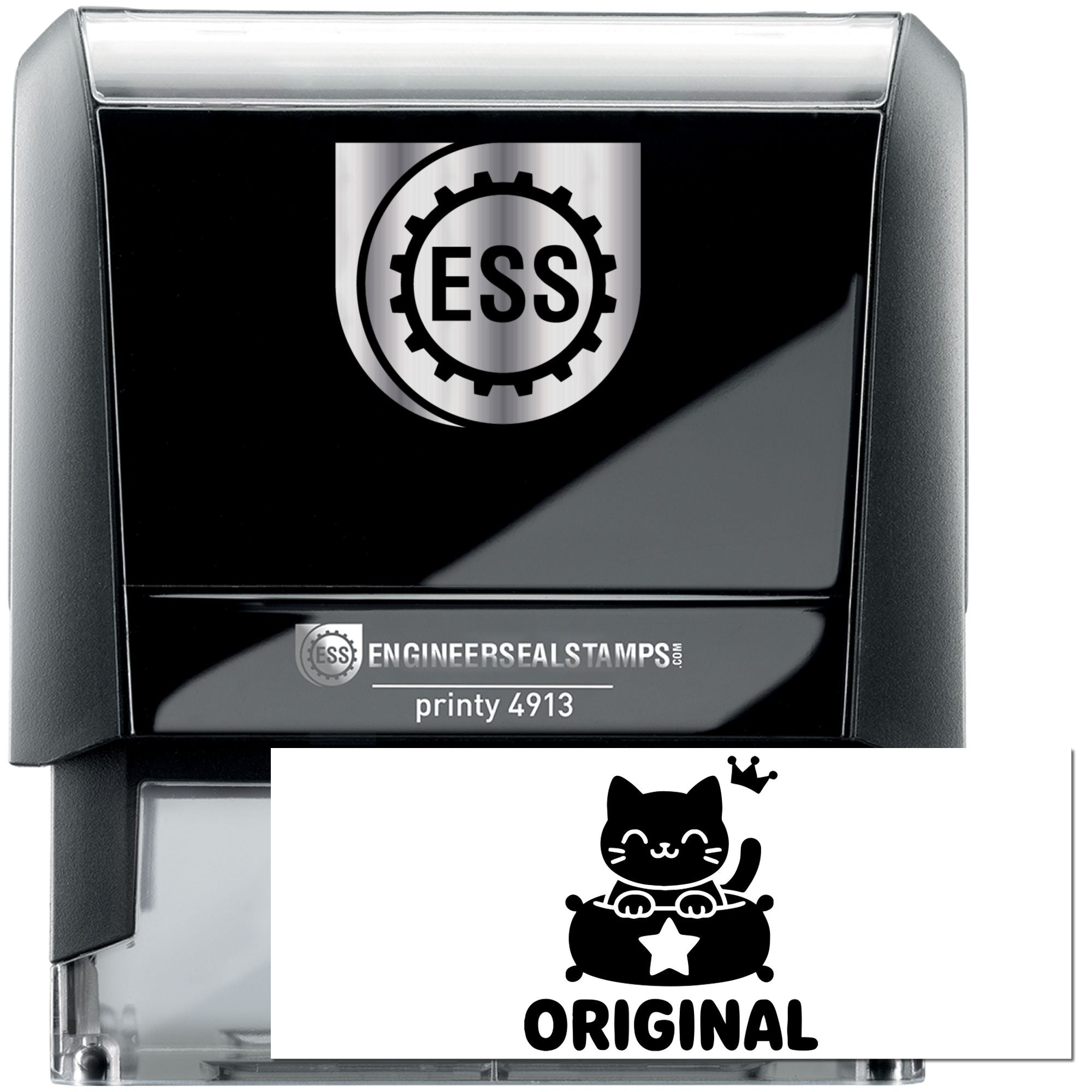 Black and silver self-inking stamp and seal set with ESS logo, Printy 4913, and original cat design